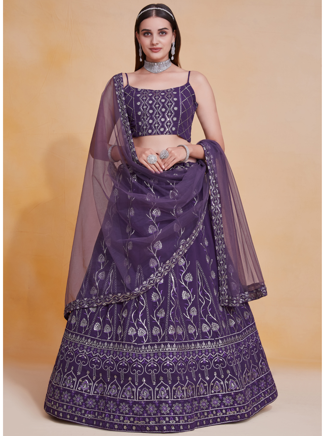 Purple Zari Sequence Embroidery Work Georgette Lehenga Choli