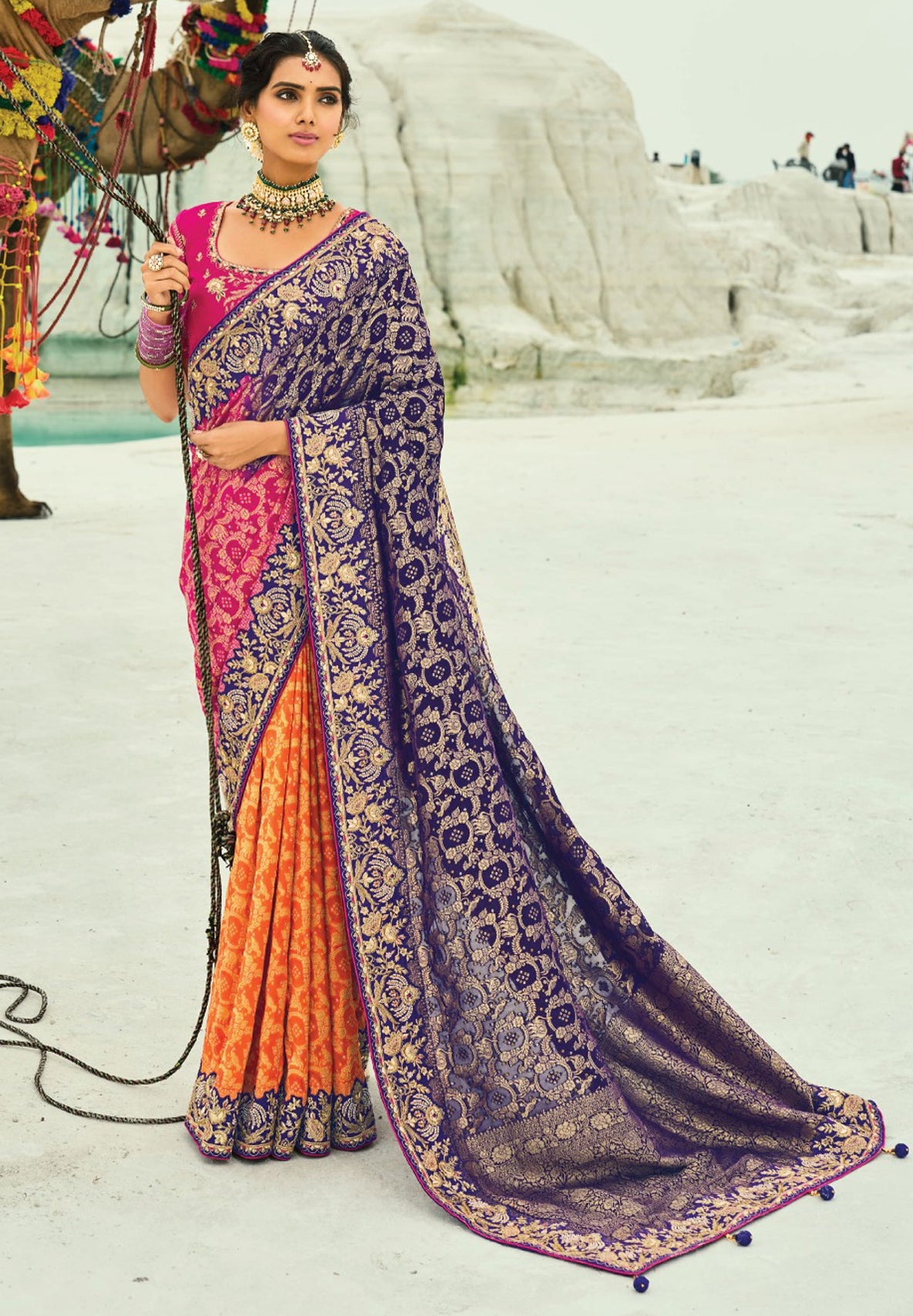Purple, Rani & Orange  Bandhej Saree with Heavy Hand Work Border With Embroidery Blouse
