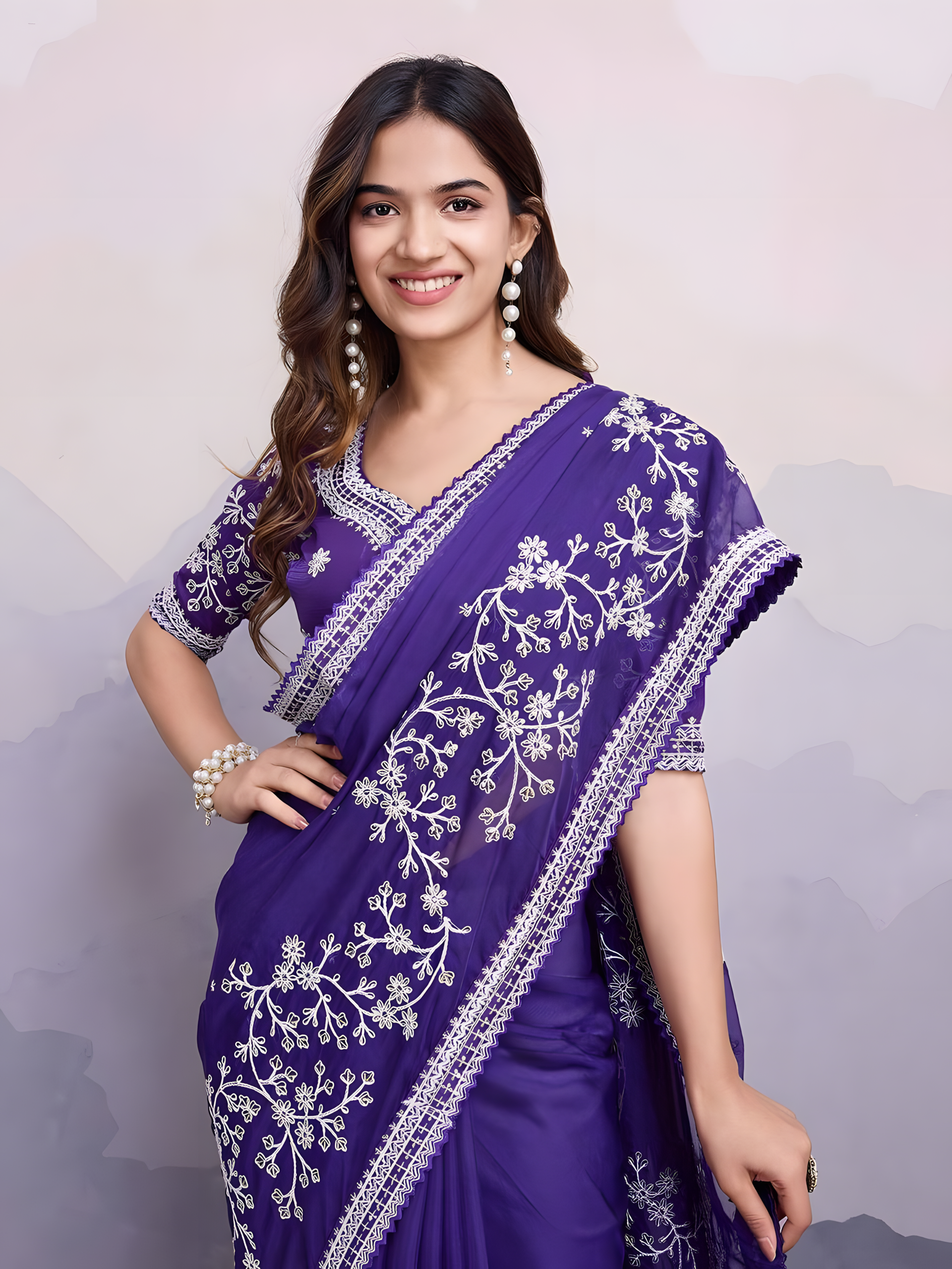 Purple soft Taby Organza Silk Saree with Embroidery Work