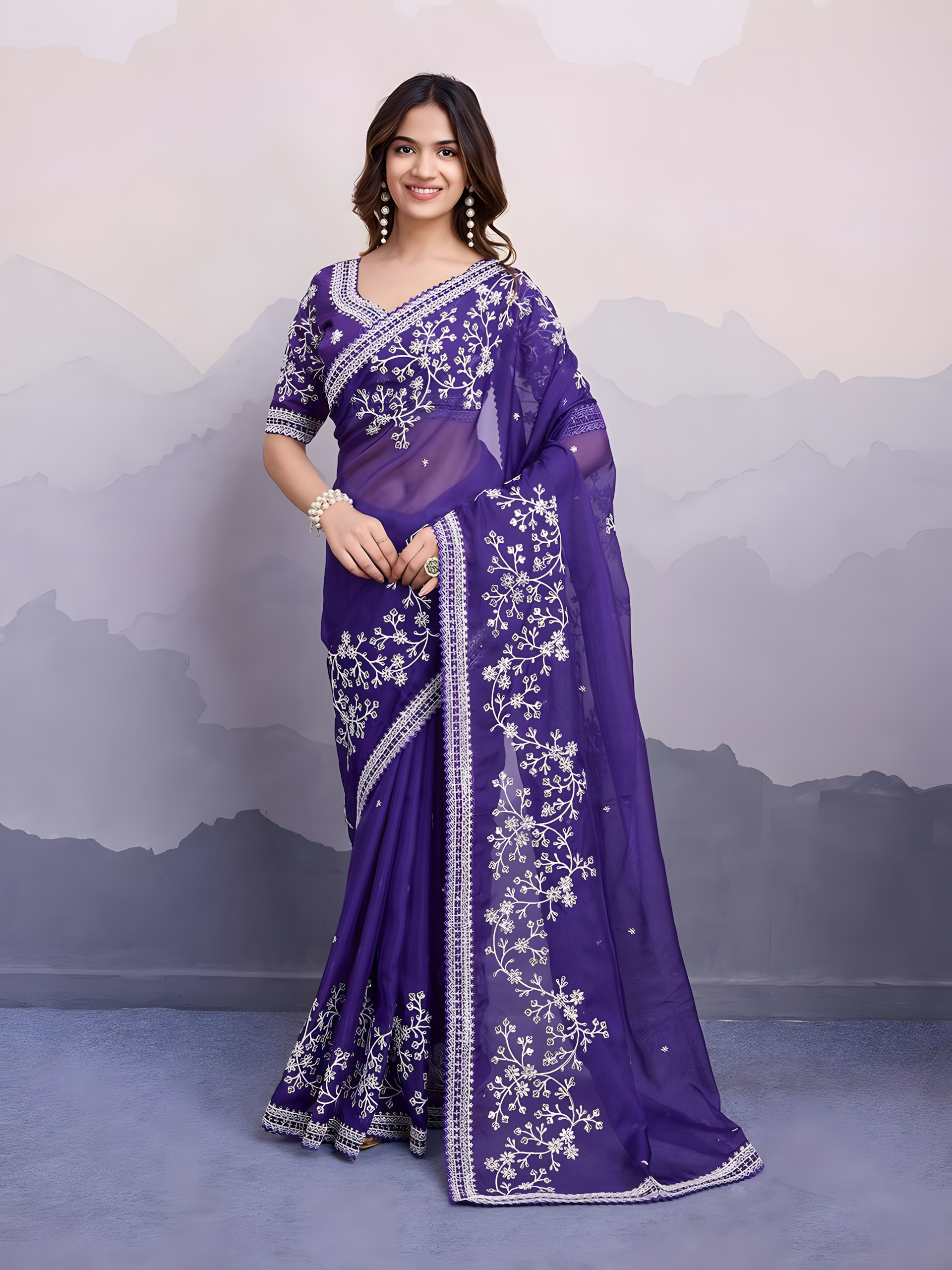Purple soft Taby Organza Silk Saree with Embroidery Work