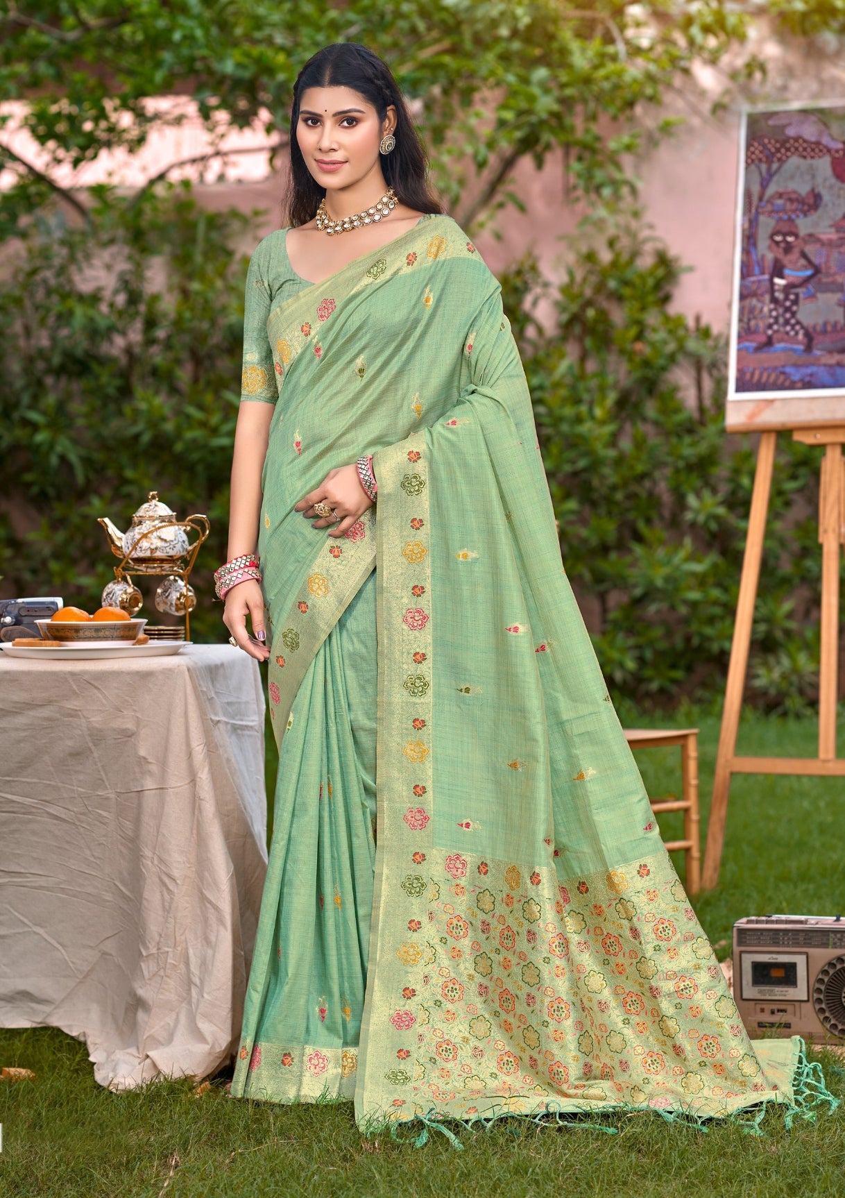 Radiance Sea Green Assam Silk Meenakari Festival Saree