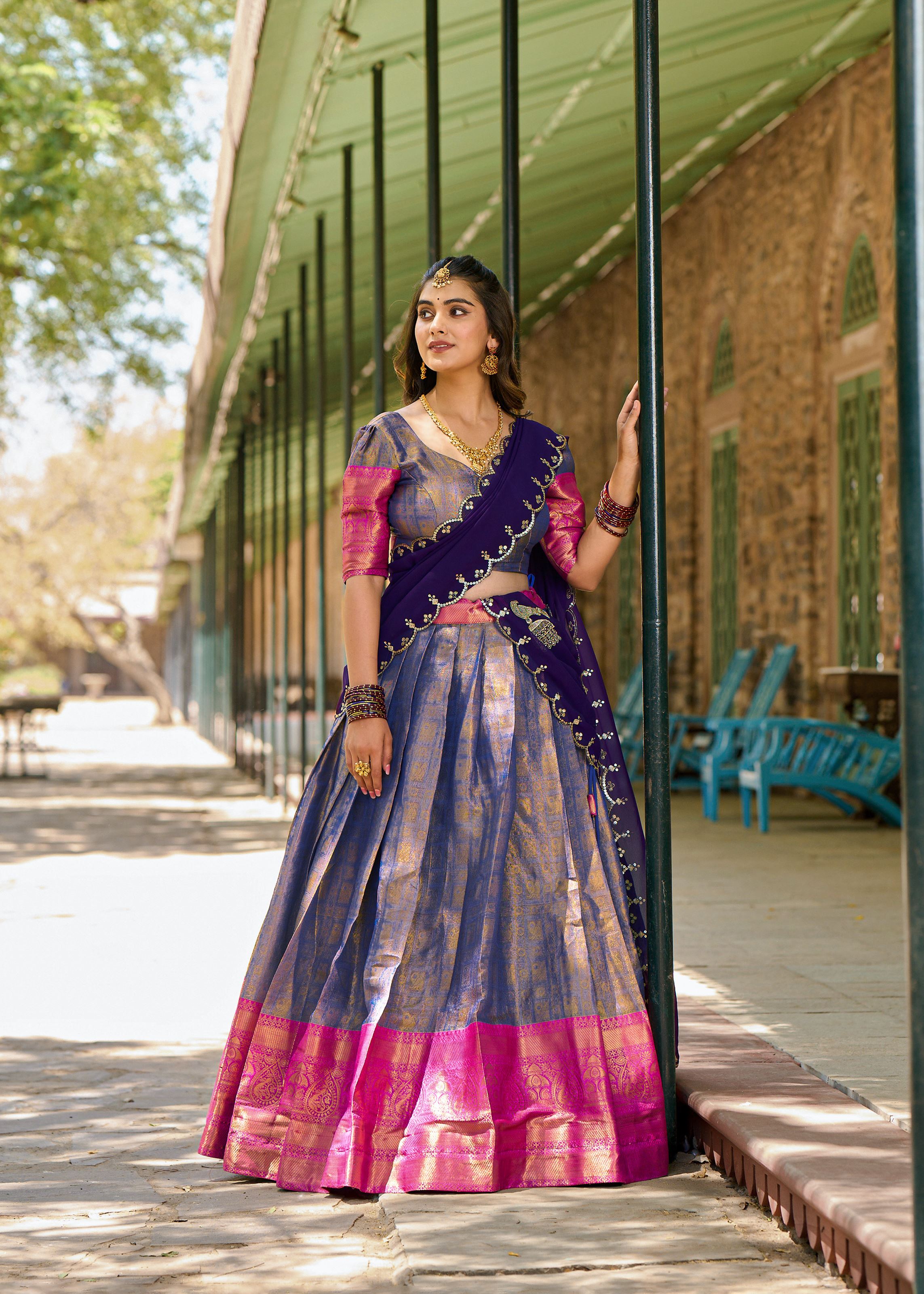 Radiate Grace In Blue Traditional Kanjivaram Lehenga With Timeless Zari Detailing