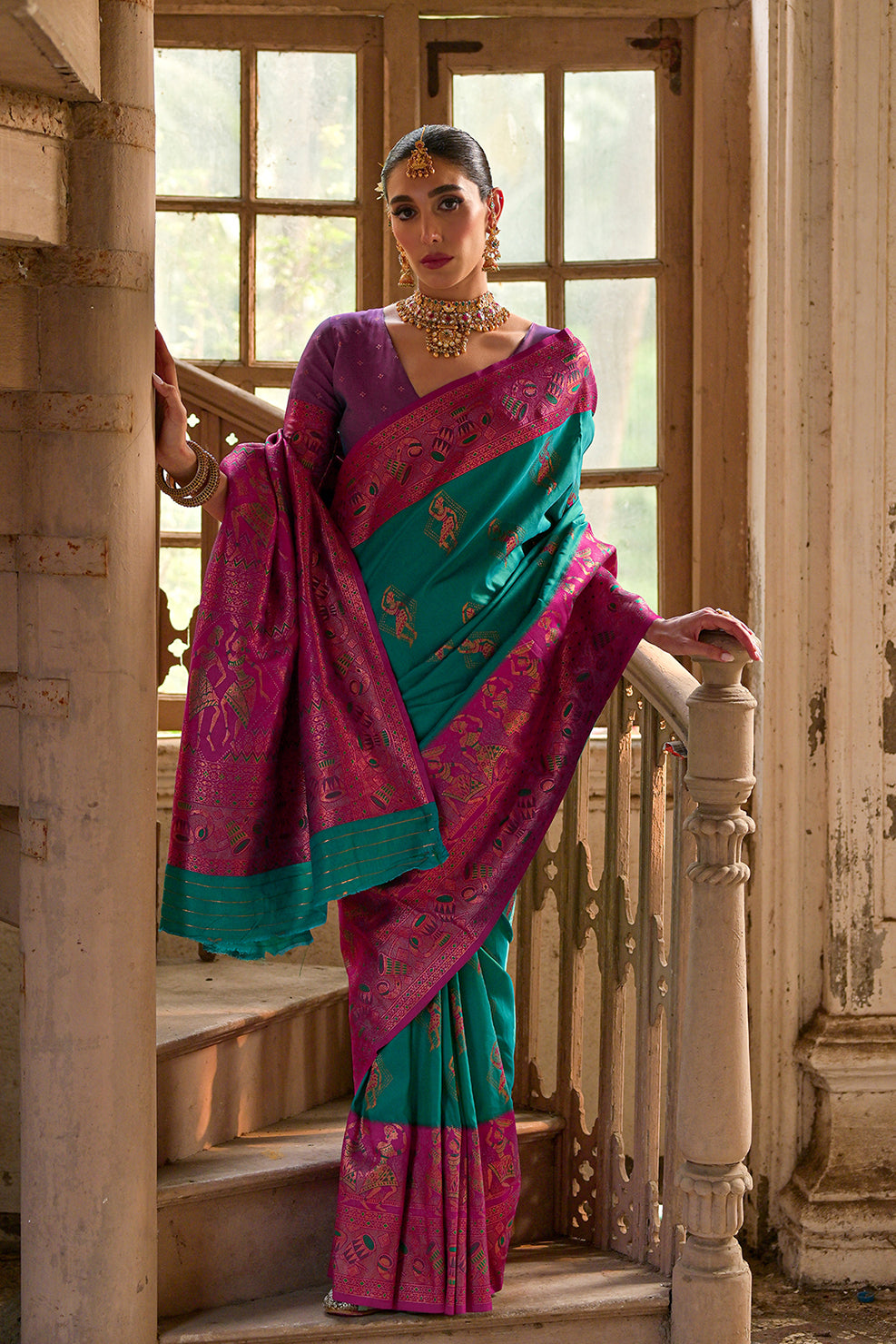 Rama Banarasi Silk Saree with Kalamkari Zari Design