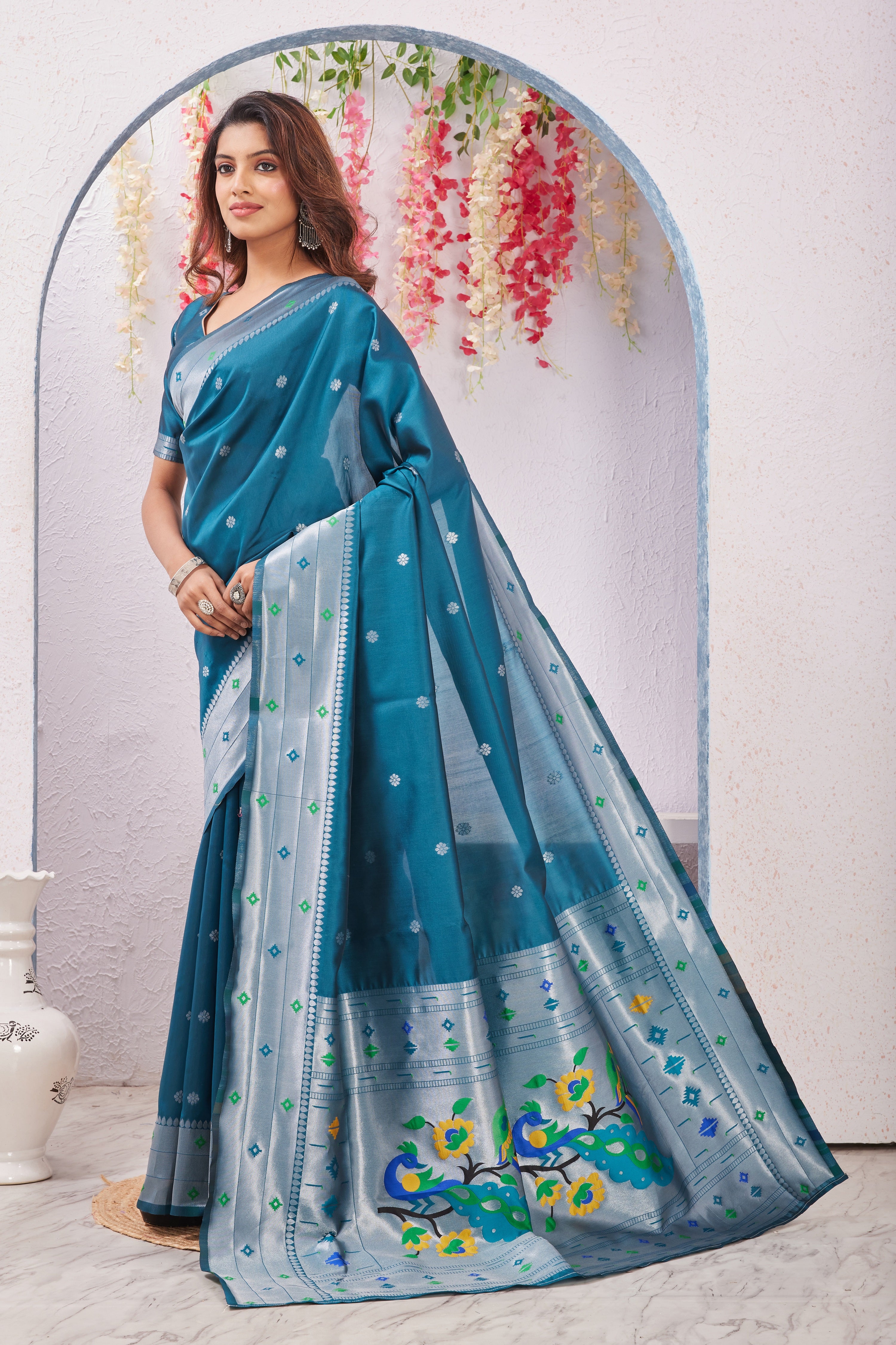 Rama Banarasi Silk Saree with Peacock Motif, Rich Pallu & Jacquard Jari Work
