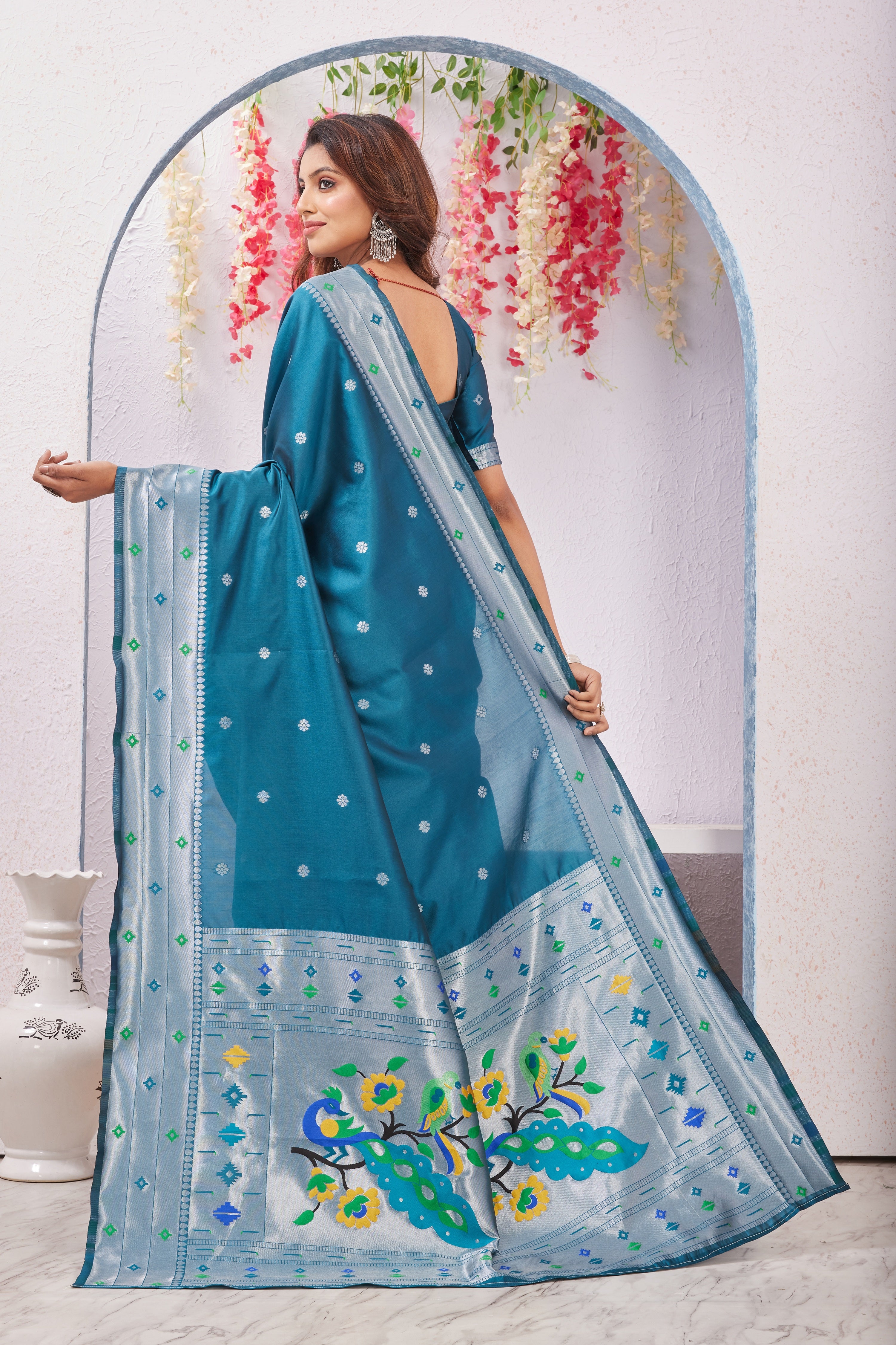 Rama Banarasi Silk Saree with Peacock Motif, Rich Pallu & Jacquard Jari Work