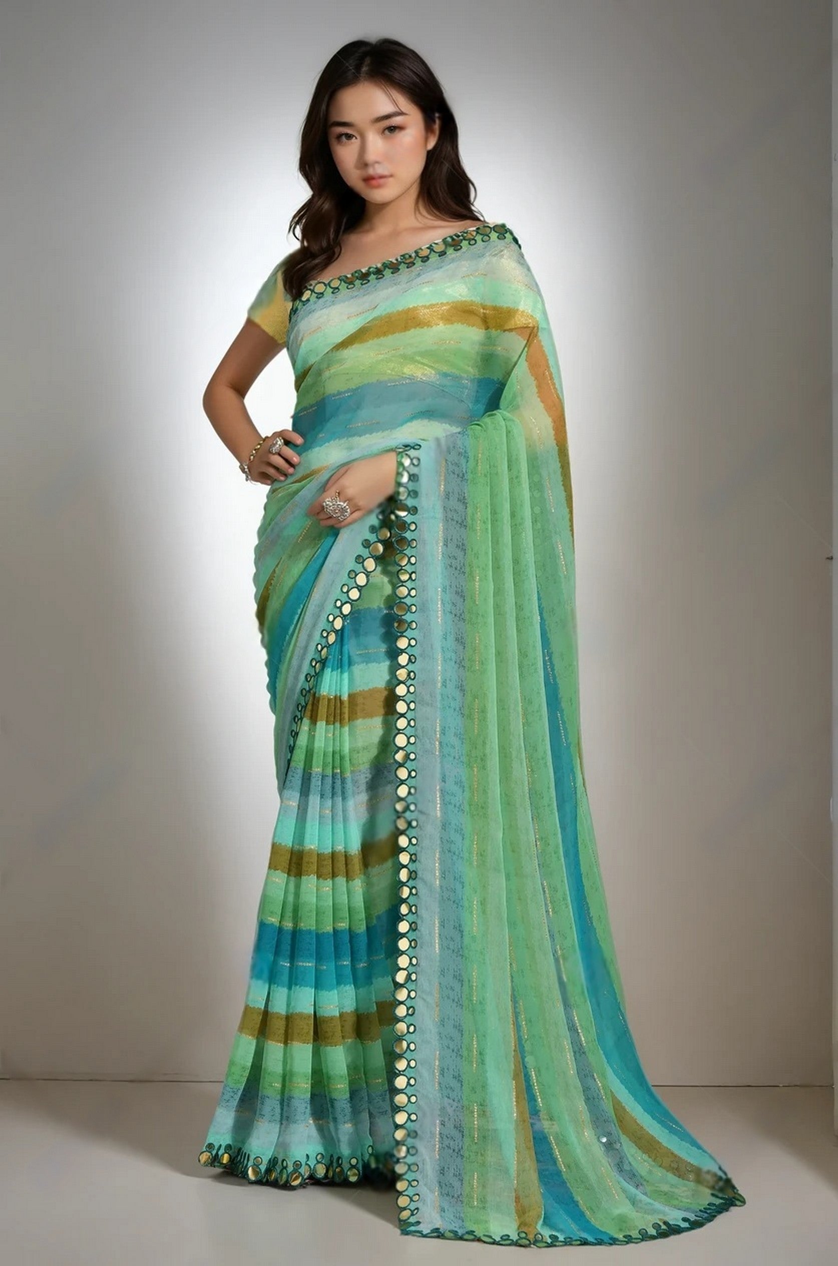 Rama Beautiful Chiffon Designer Lariya Printed With Mirror Cut Work