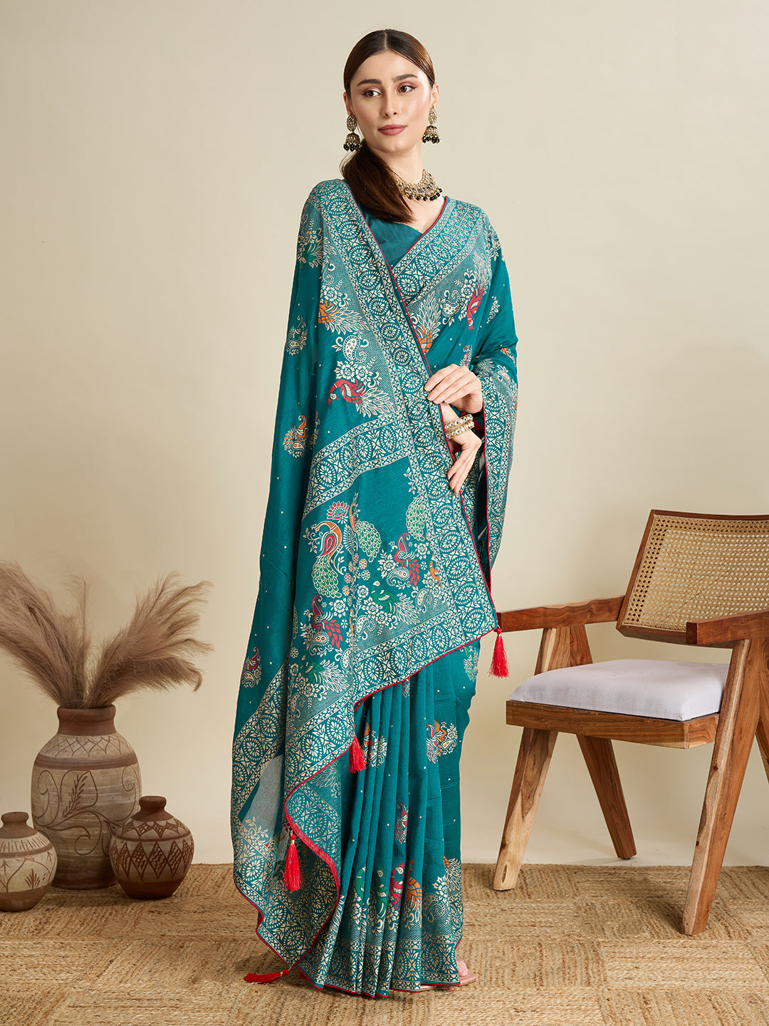 Rama Beautiful Designer Table Printed With Foil Cotton Blended Saree