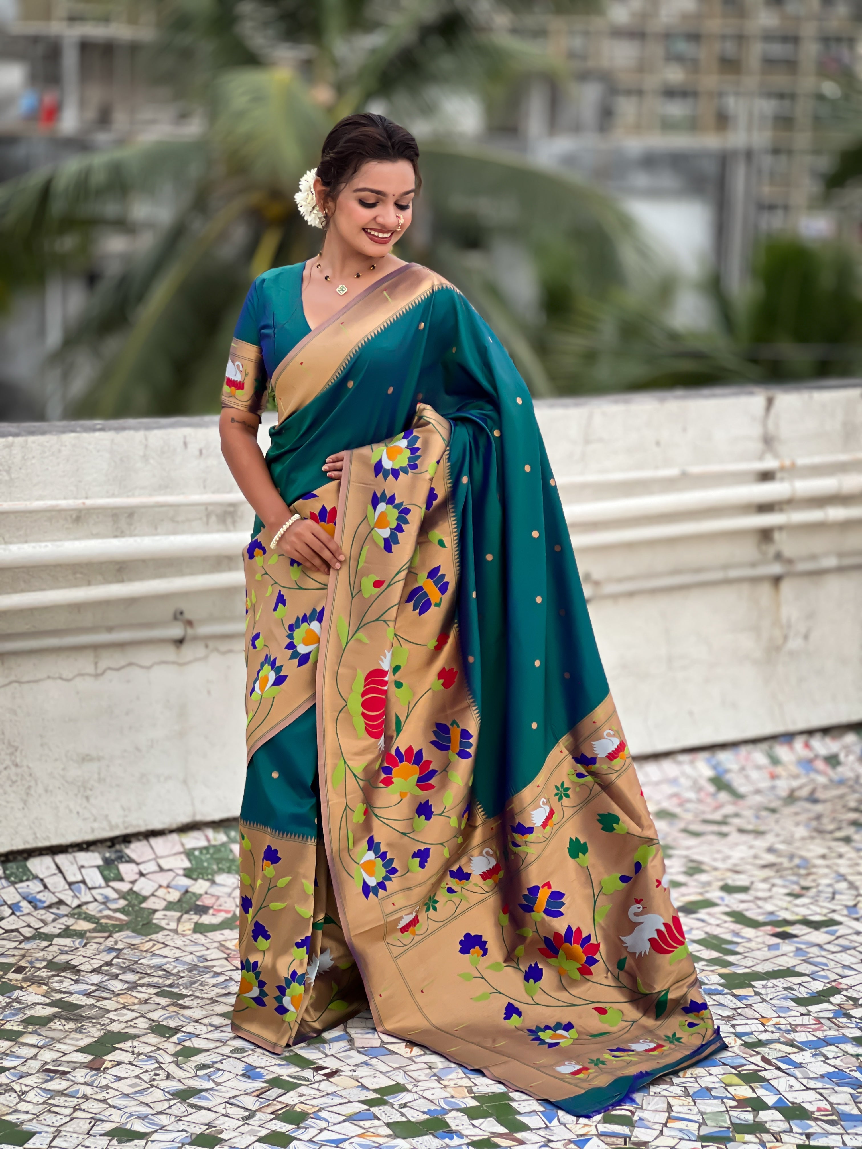 Rama Beautiful Woven Meenakari Polka Designer Paithani Silk Ethnic Graceful Saree