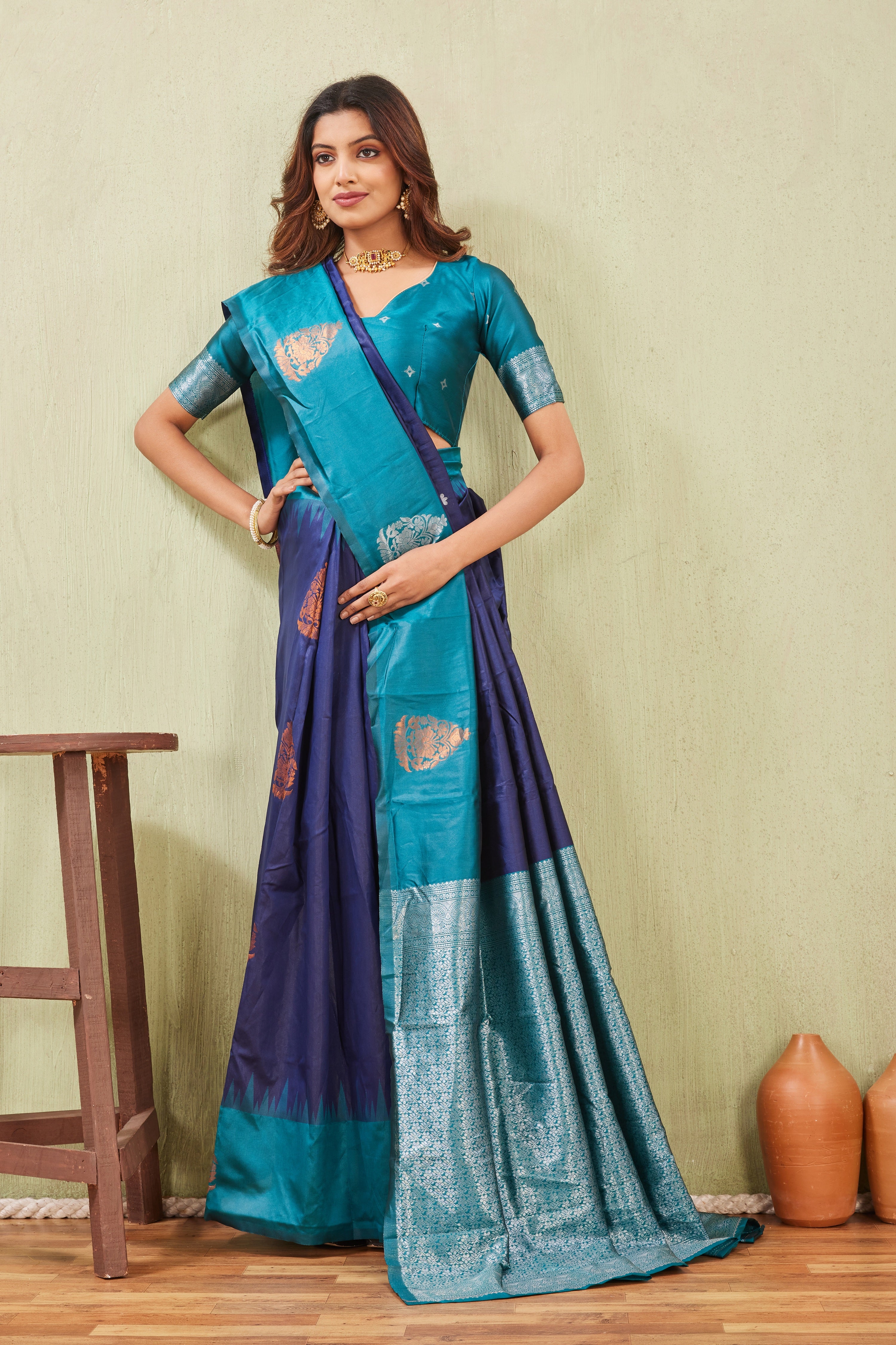 Rama Blue Banarasi Silk Saree with Rich Pallu & Elegant Jacquard Jari Work