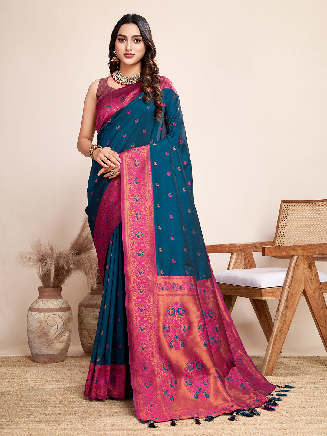 Rama Blue Heavy Woven Designer Jacquard Silk Saree For Traditonal Looks
