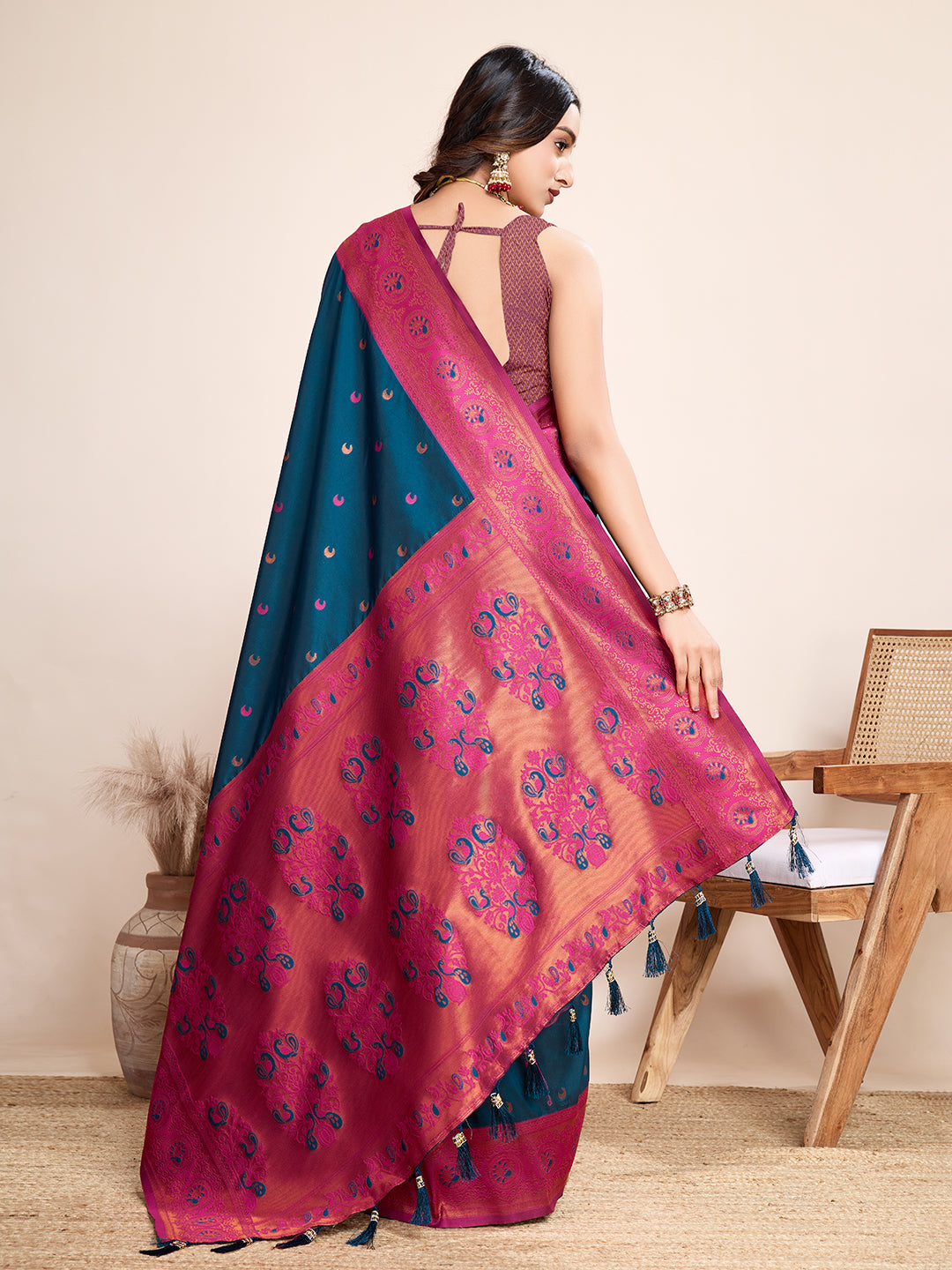 Rama Blue Heavy Woven Designer Jacquard Silk Saree For Traditonal Looks