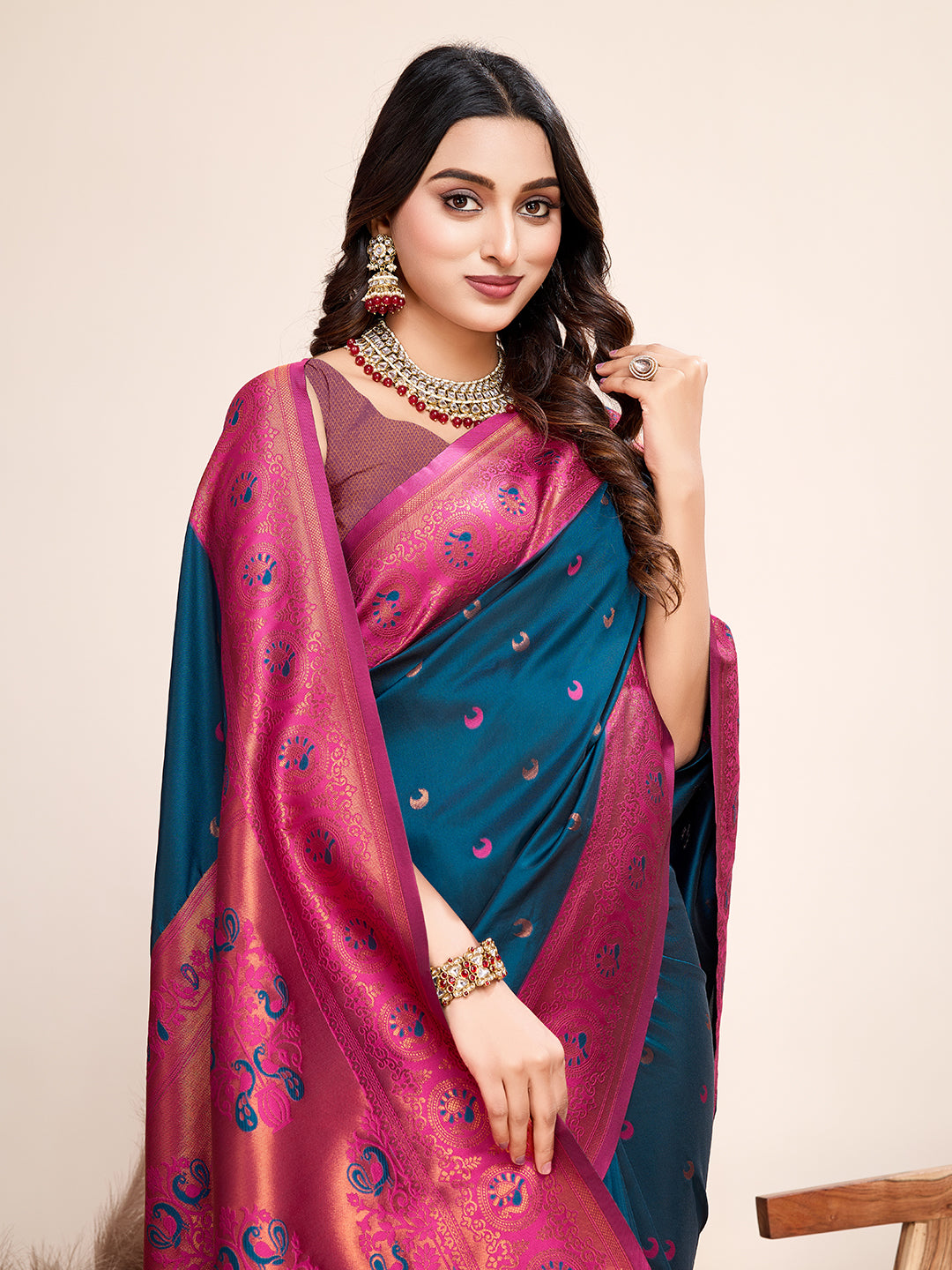 Rama Blue Heavy Woven Designer Jacquard Silk Saree For Traditonal Looks