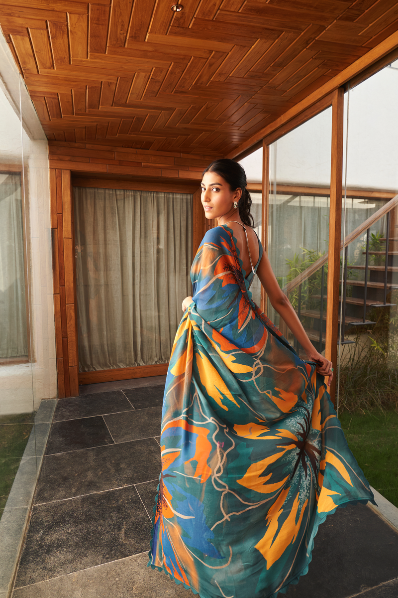 Rama Bright Moss Saree With Printed
