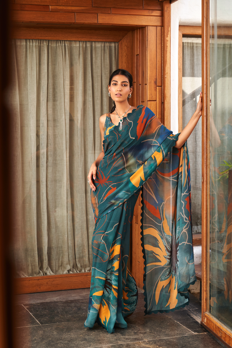 Rama Bright Moss Saree With Printed