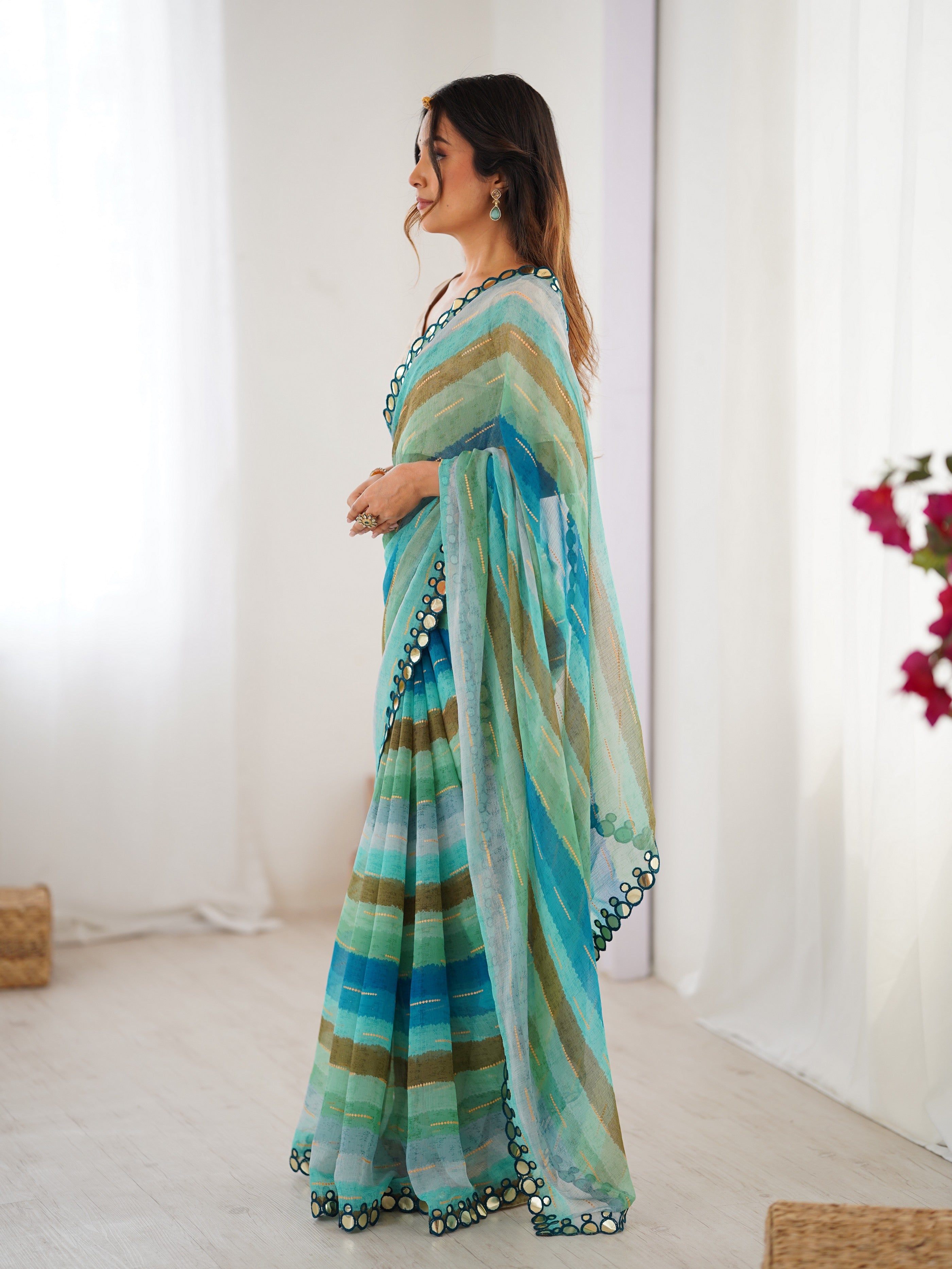 Rama Chiffon Designer Laheriya Printed Saree With Mirror Cut Work