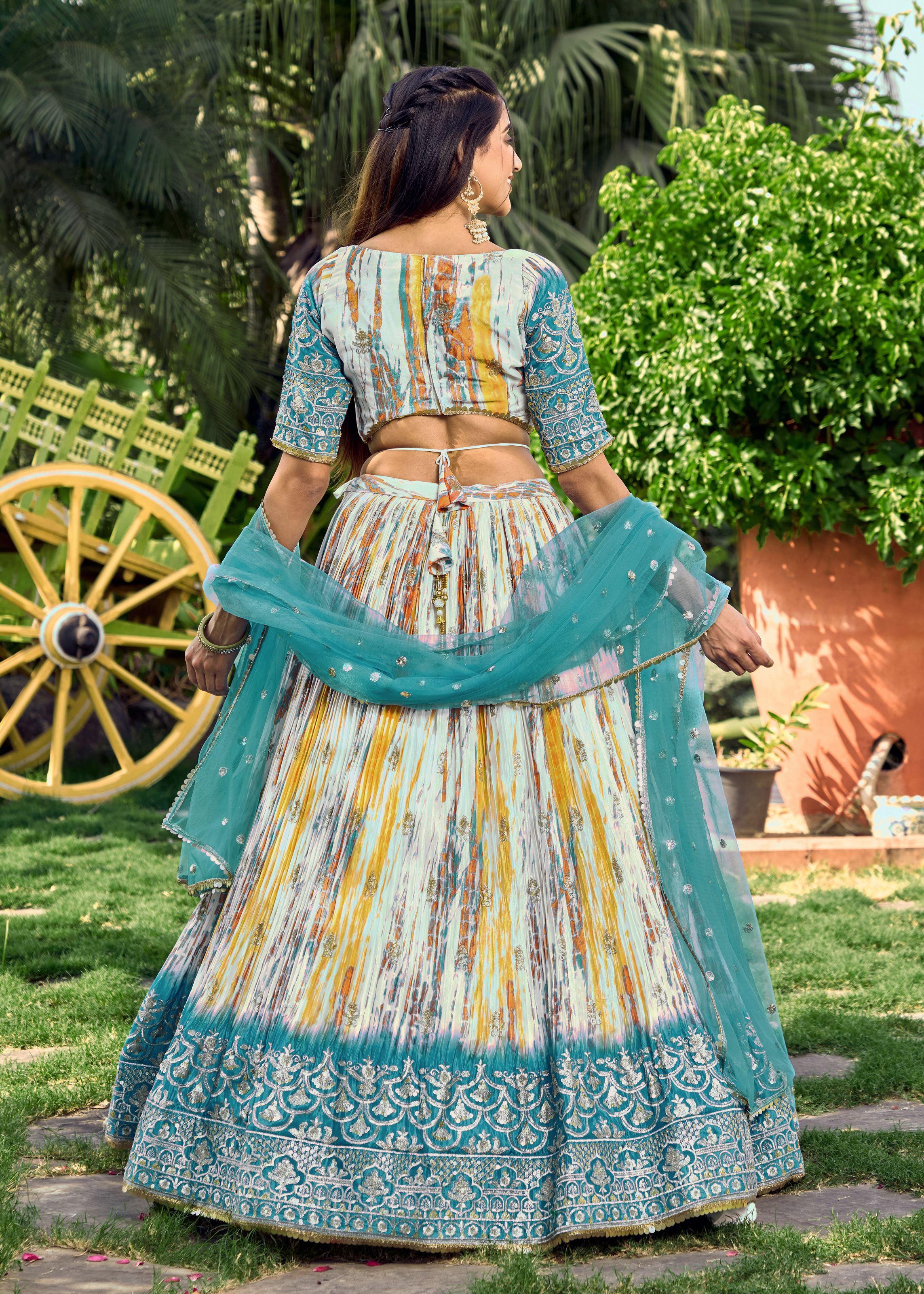 Rama Chinon Lehenga Choli With Sequins, Zari Embroidery Work with Digital Print