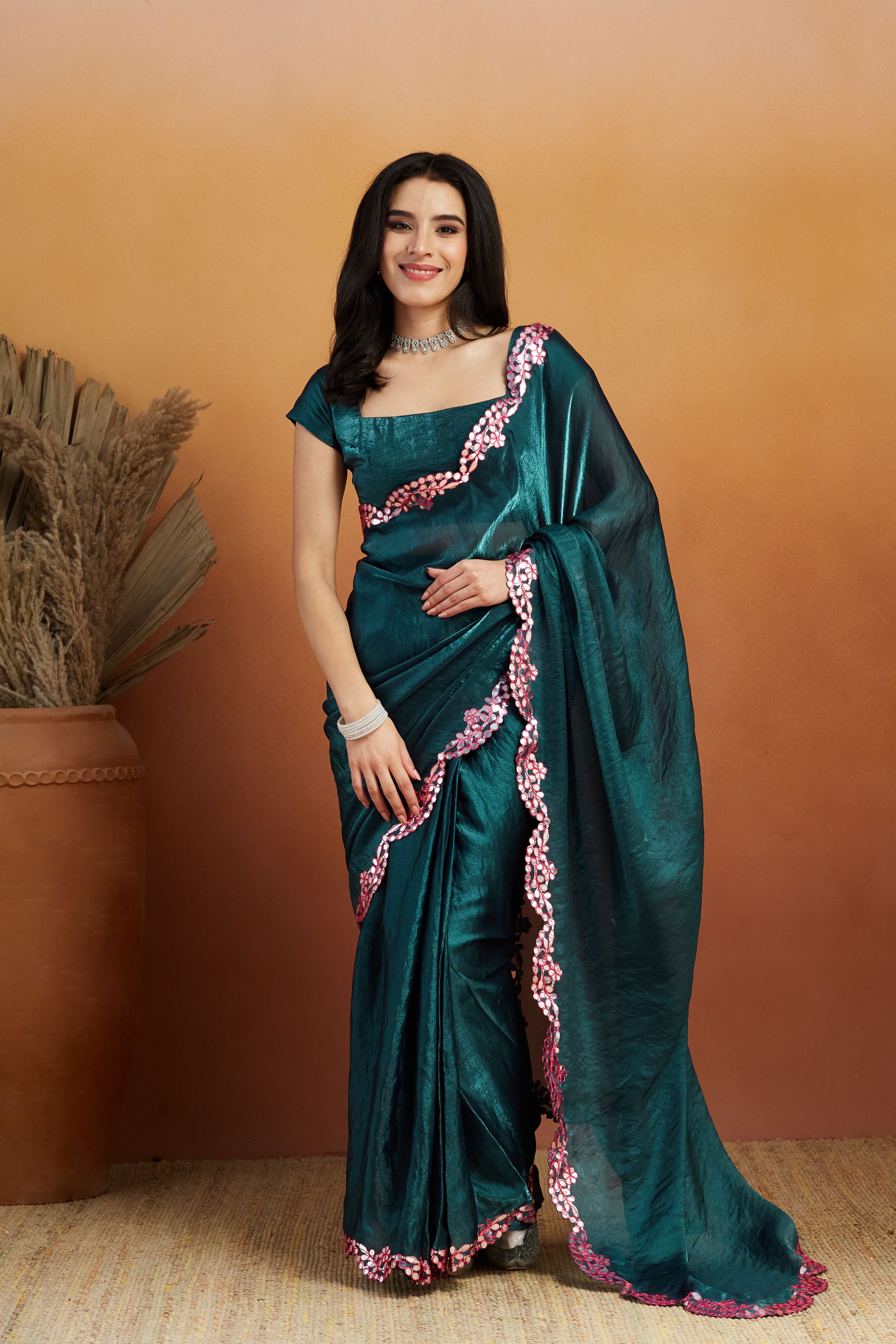 Rama Designer Embroidery Work Ready To Wear Saree