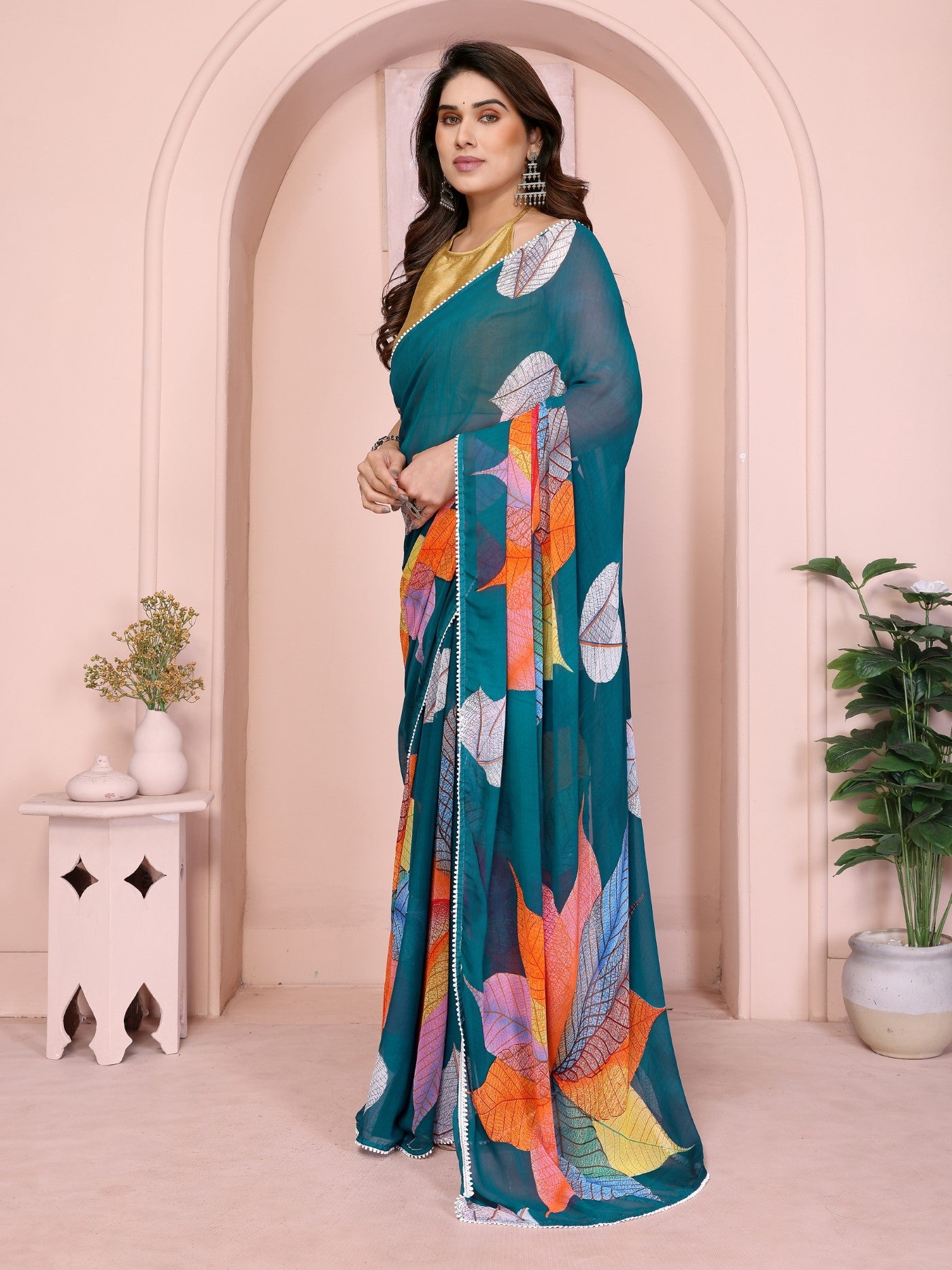 Rama Georgette Ready-to-Wear Printed Saree with Lace