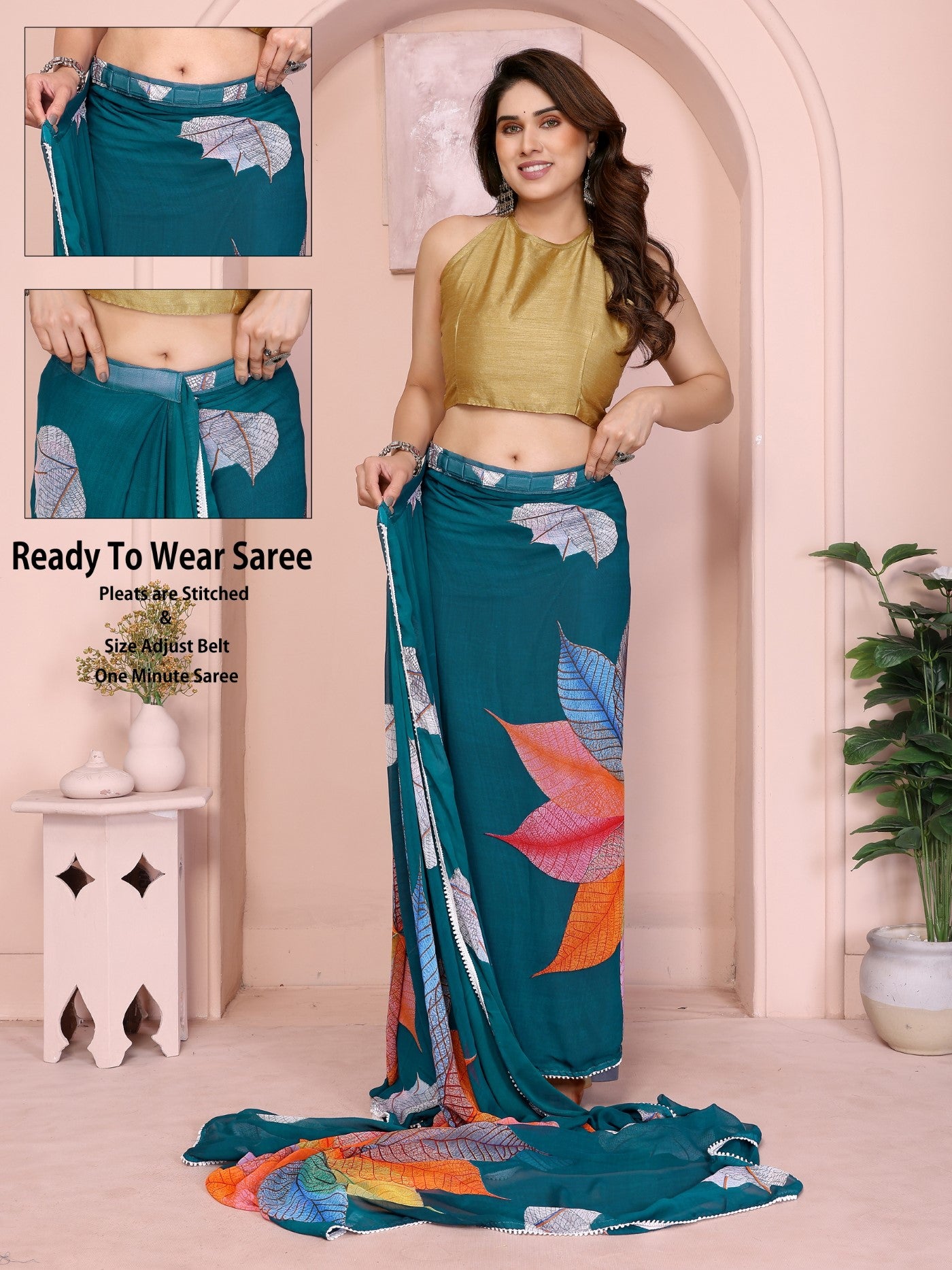 Rama Georgette Ready-to-Wear Printed Saree with Lace