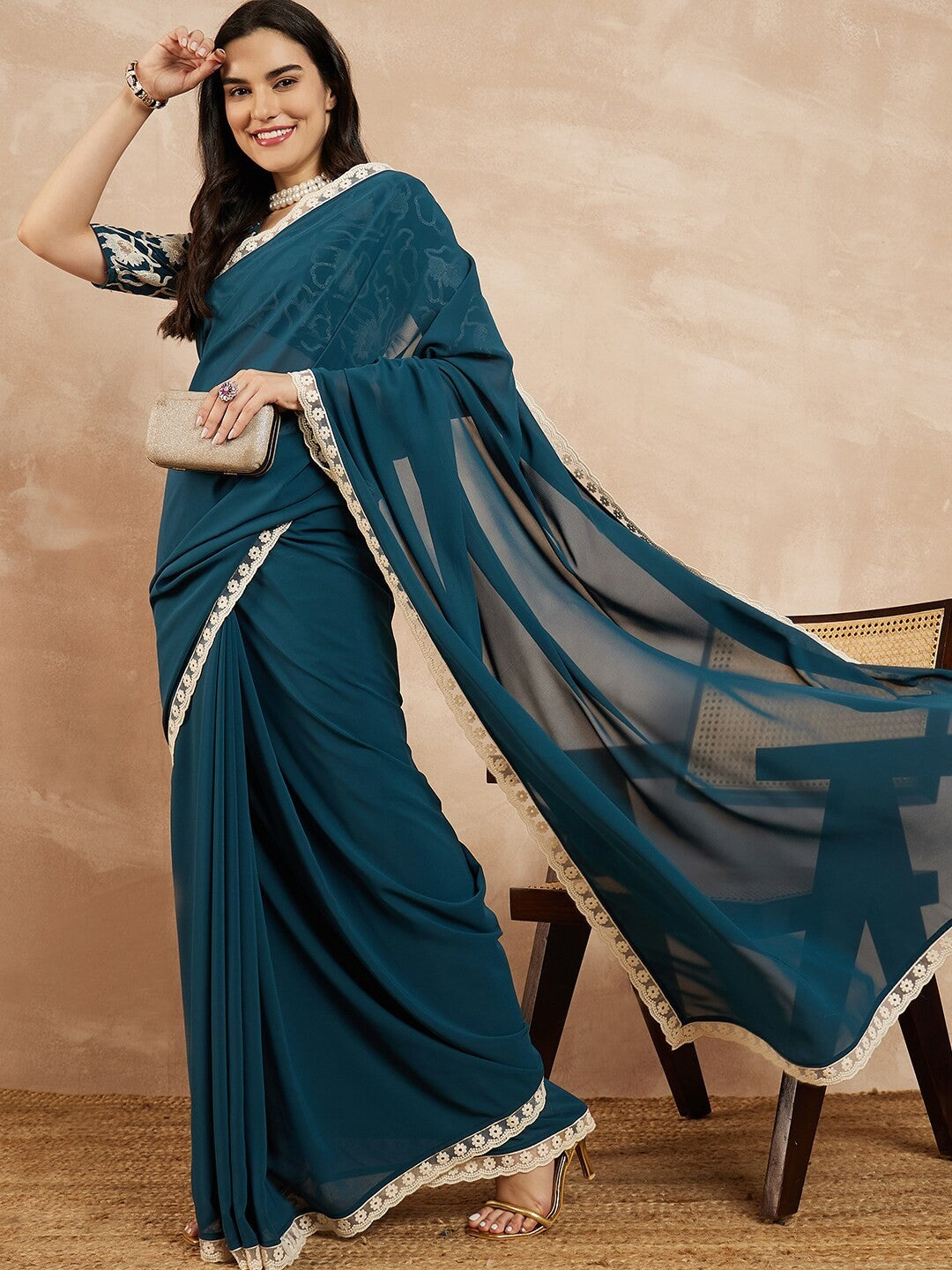 Rama Georgette Saree With Plain Saree With Embroidery Cut Work Lace With Embroidery Work Blouse