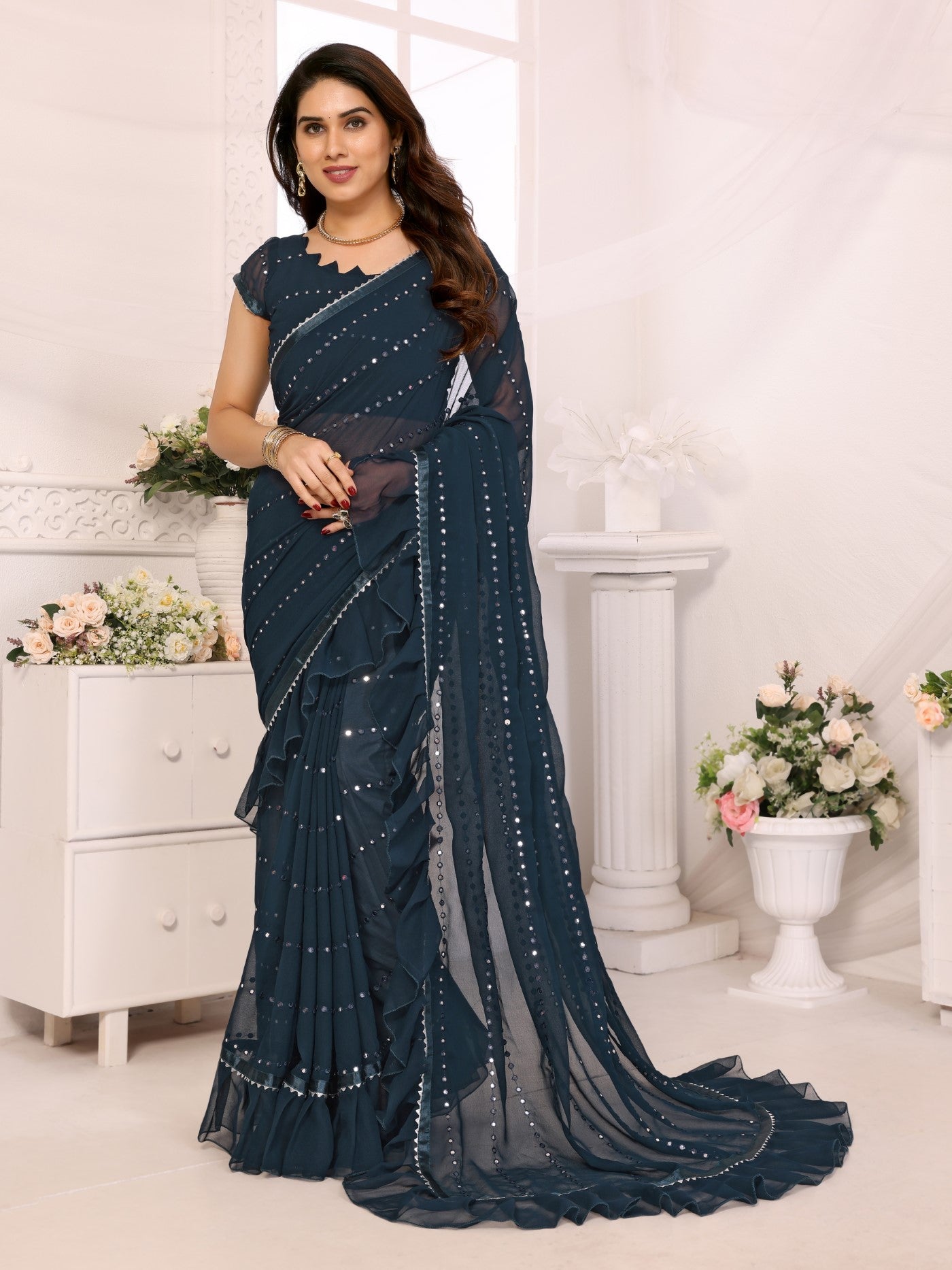 Rama Georgette Saree With Ruffle Saree With Mirror Work With Mirror Work Blouse