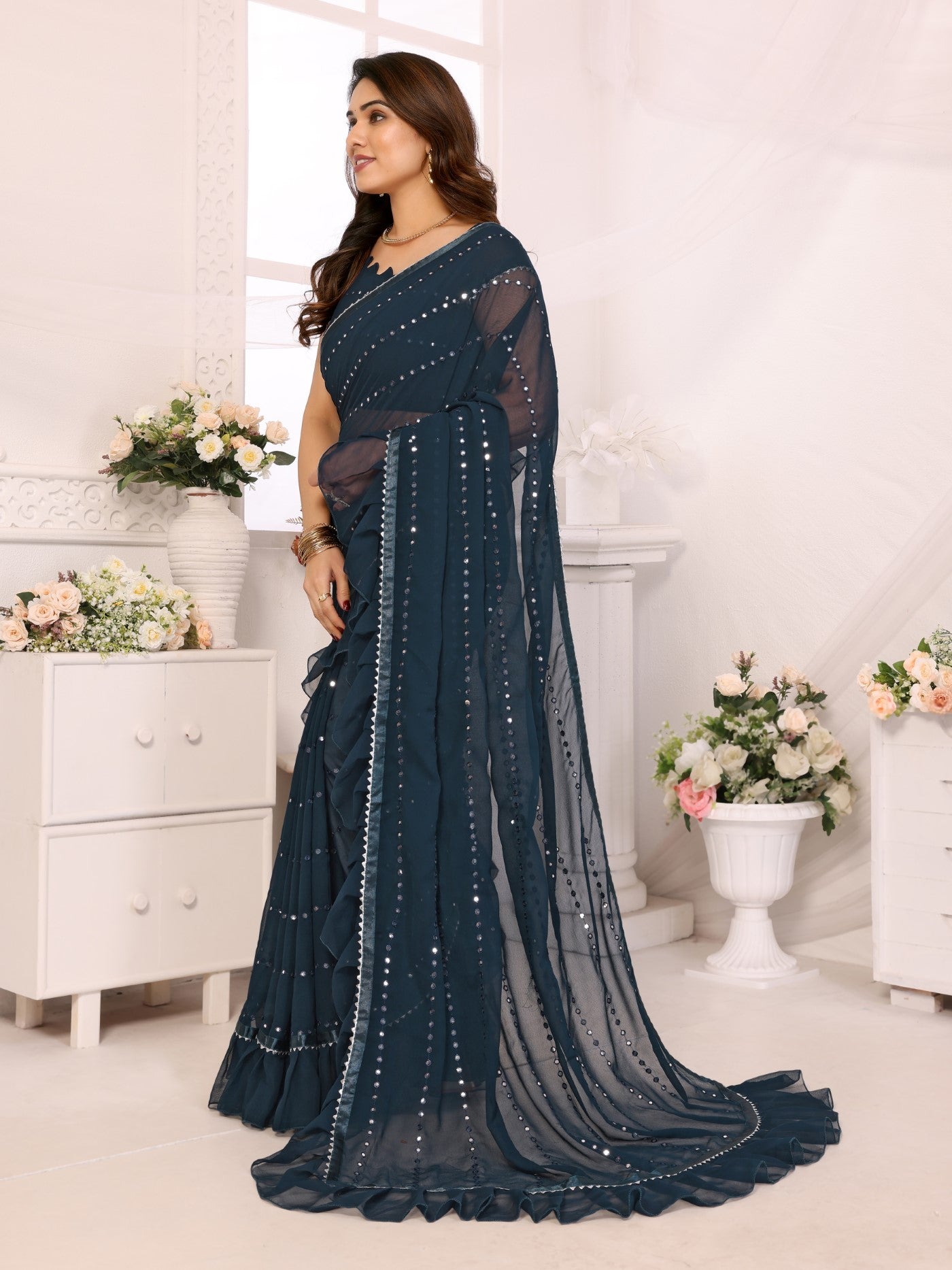 Rama Georgette Saree With Ruffle Saree With Mirror Work With Mirror Work Blouse