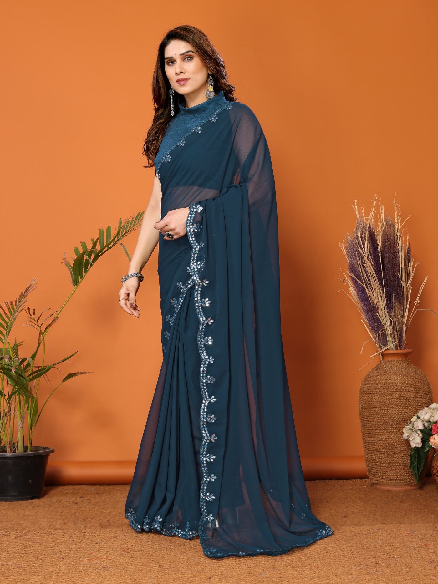 Rama Georgette Saree with Mirror Work