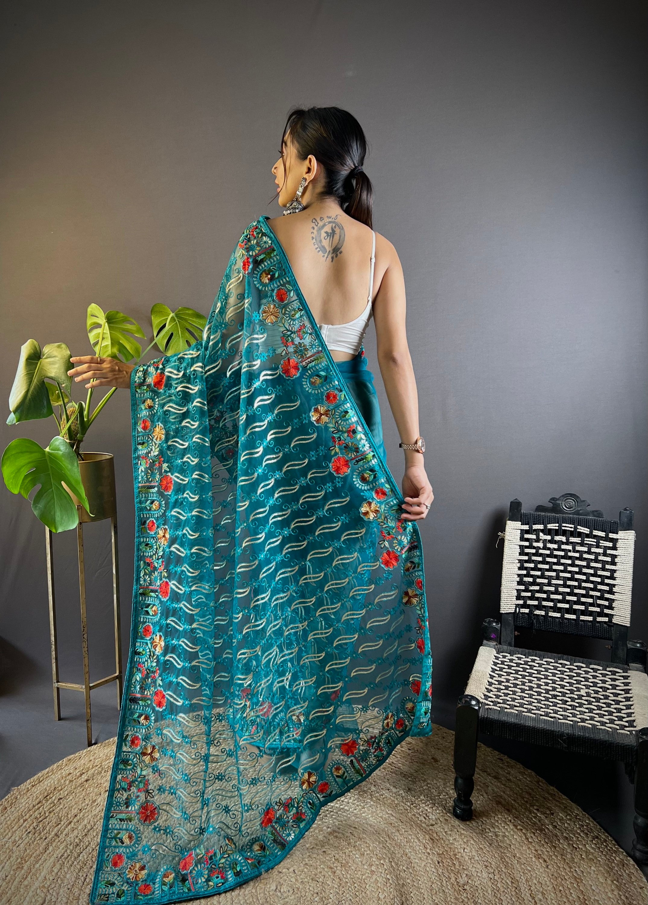 Rama Girlie Butterfly Net Fabric Stylish Resham Embroidered Partywear Saree