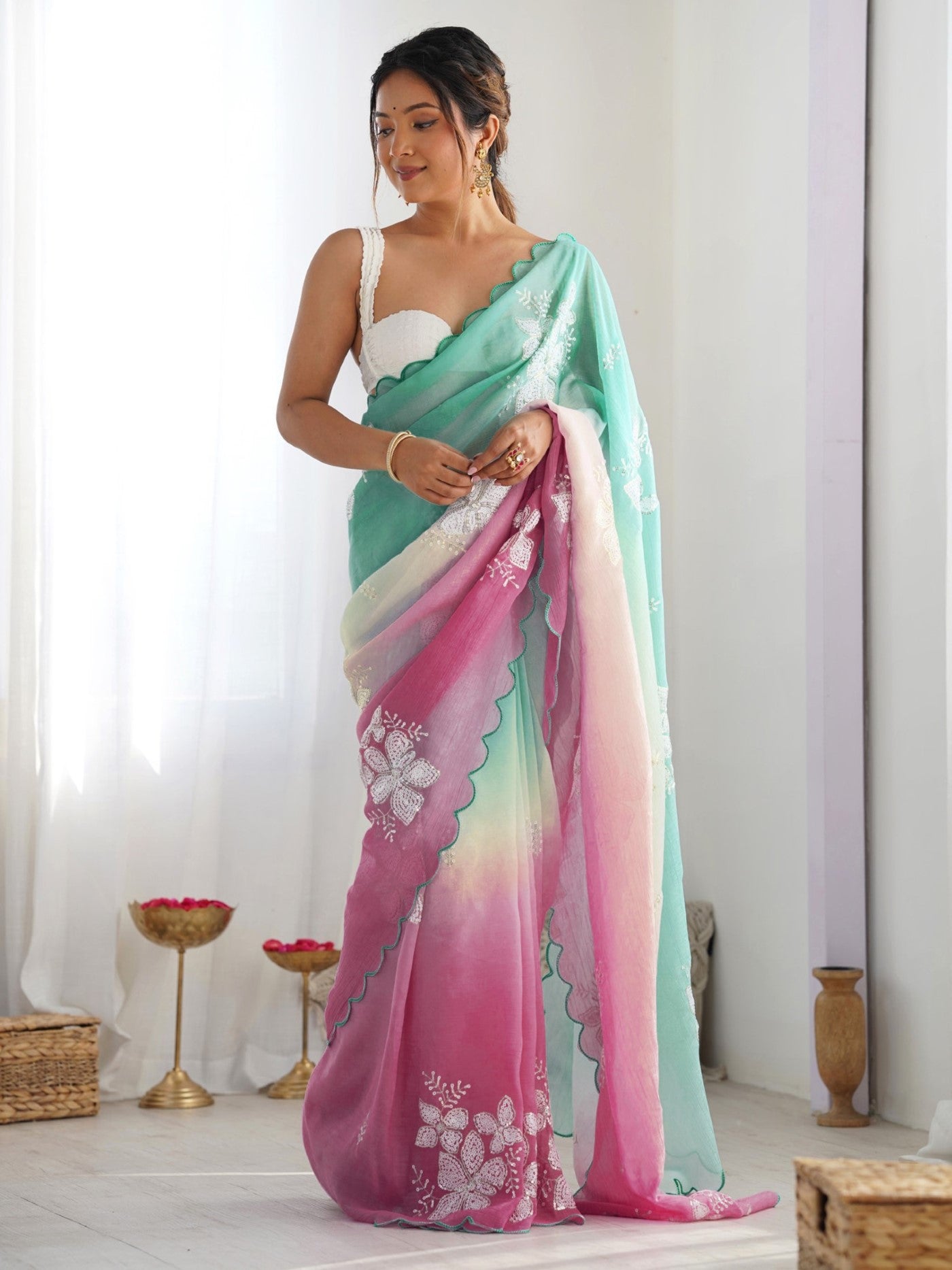 Rama Gold Crush Saree With Embroidery Work