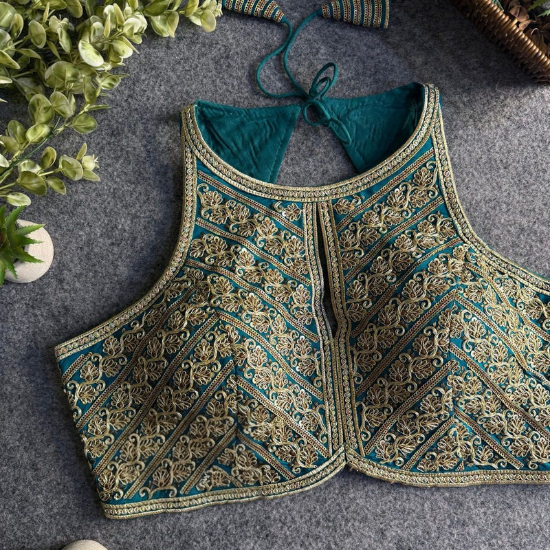 Rama Green Halter Neck Partywear Blouse in Roman Silk with Embroidery & Sequins Work