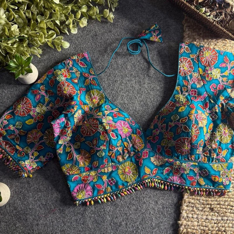 Rama Green Heavy Position Work Designer Blouse for Saree  Pure Crepe Partywear Readymade Blouse