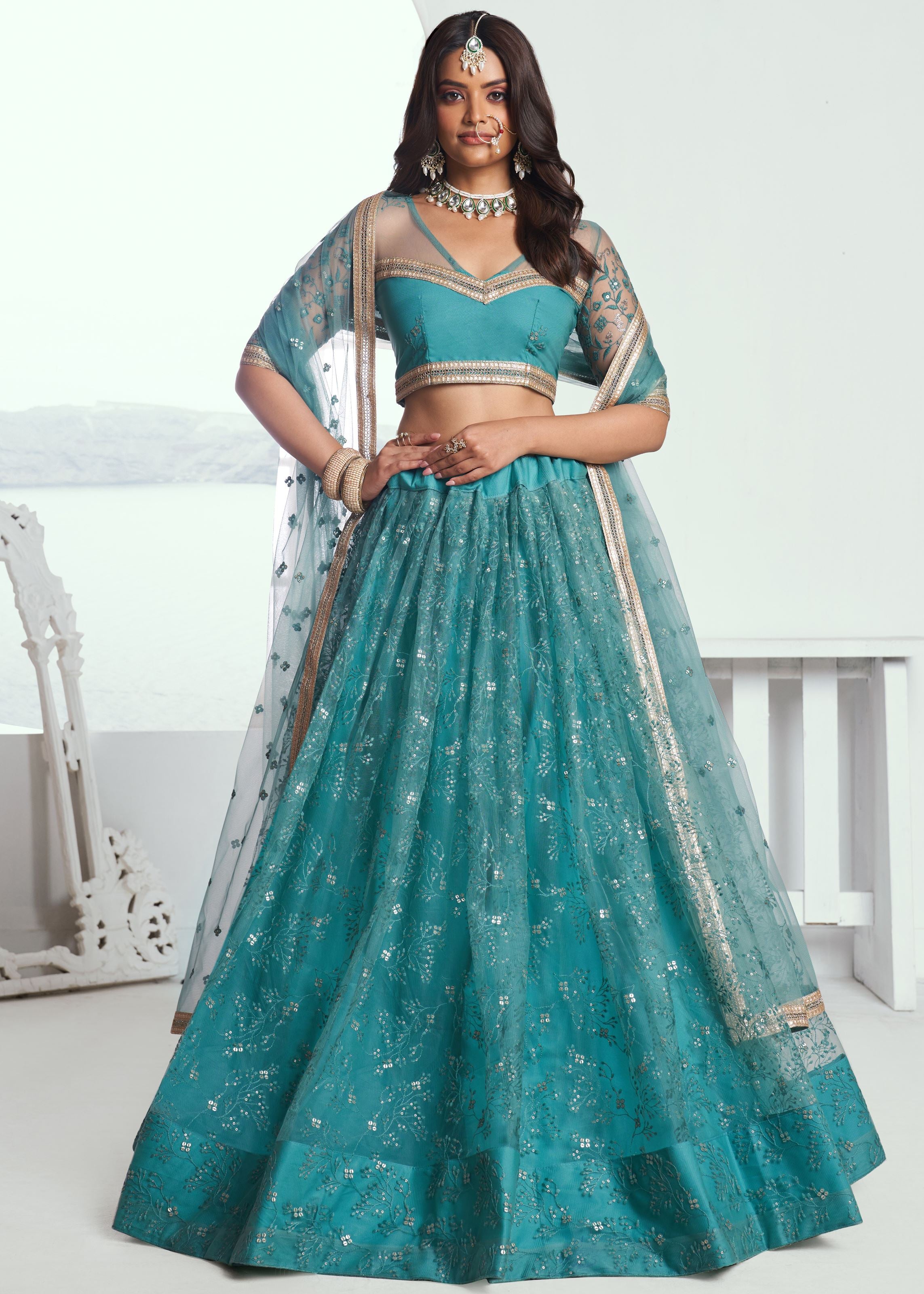 Rama Green Lehenga with Heavy Thread Embroidery Sequins Work