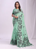 Rama Green Linen Cotton Woven Thread Designer Festive Sophisticated Saree