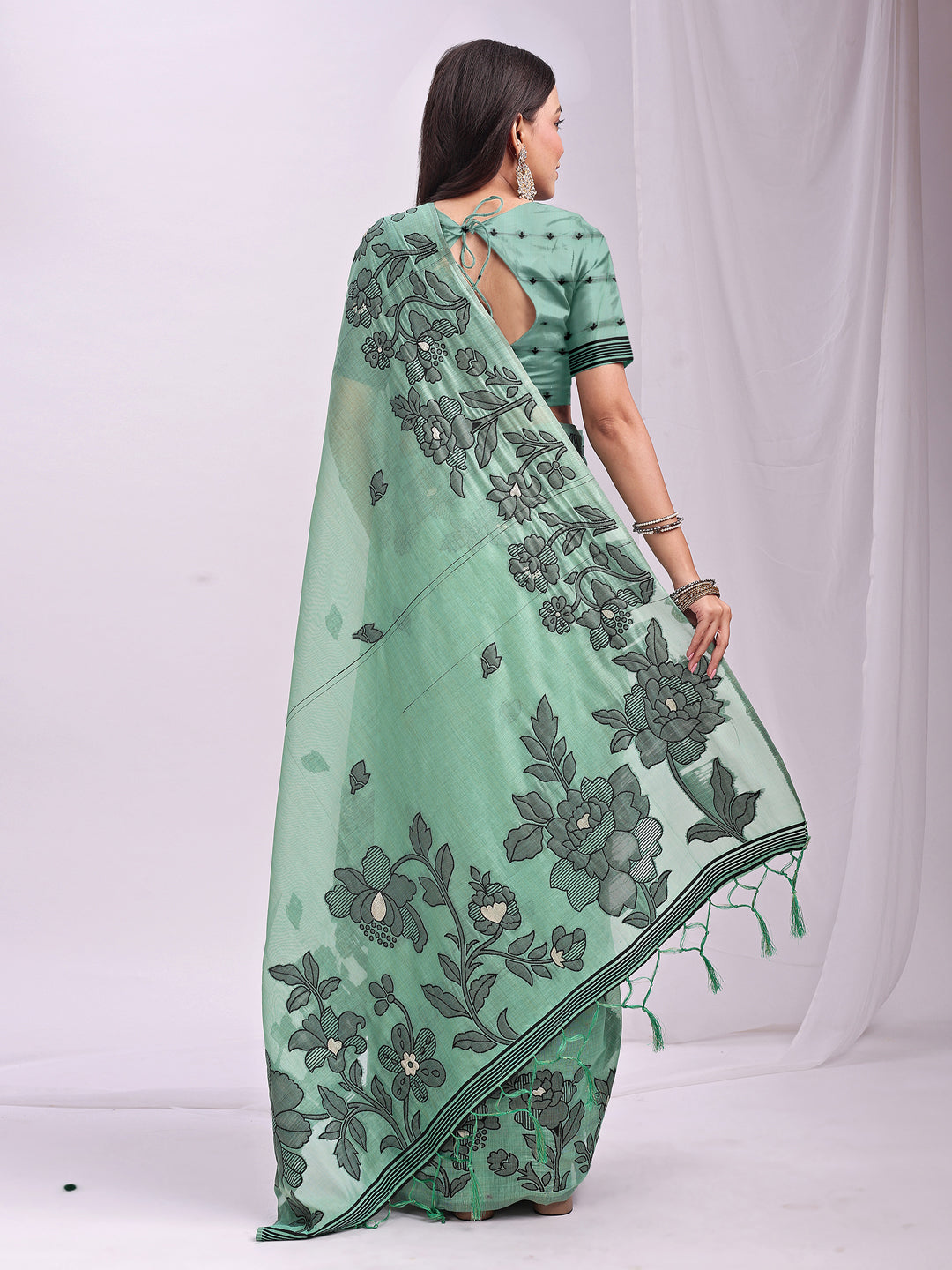 Rama Green Linen Cotton Woven Thread Designer Festive Sophisticated Saree