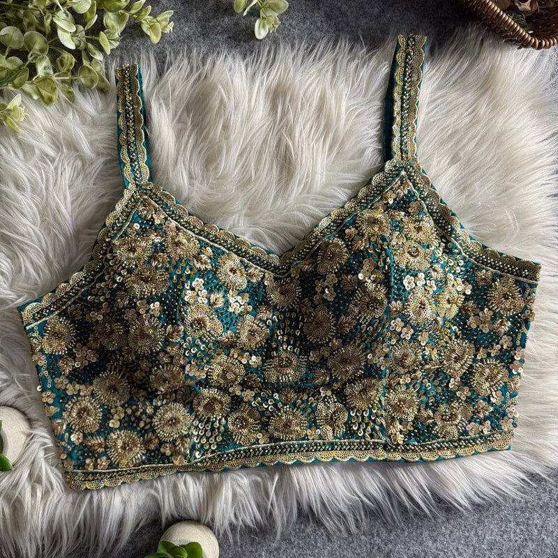 Rama Green Luxe Heavy Beads Work Spaghetti Blouse  Roman Silk Designer Partywear