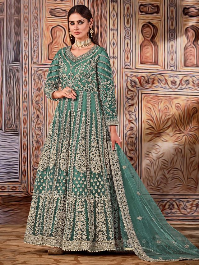 Rama Green Net Heavy Thread Embroidery And Zari Work  Anarkali Suits
