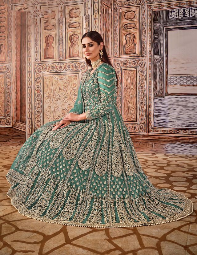Rama Green Net Heavy Thread Embroidery And Zari Work  Anarkali Suits