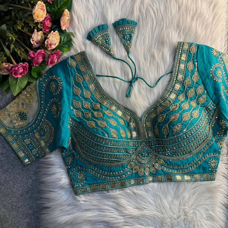 Rama Green Royal Elephant Patch Work Bridal Blouse  Roman Silk Heavy Beads & Sequins Designer Wear