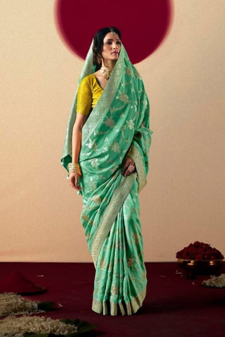 Rama Green Saree With  Jacquard Woven Work