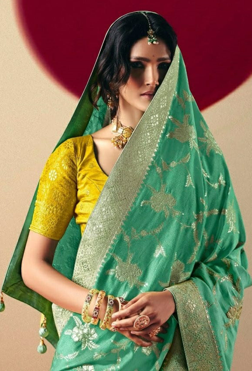 Rama Green Saree With  Jacquard Woven Work