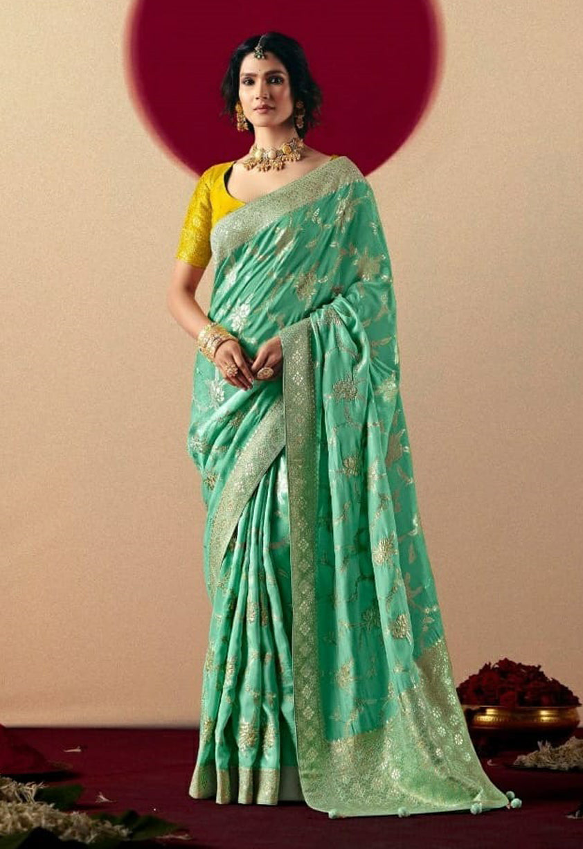 Rama Green Saree With  Jacquard Woven Work