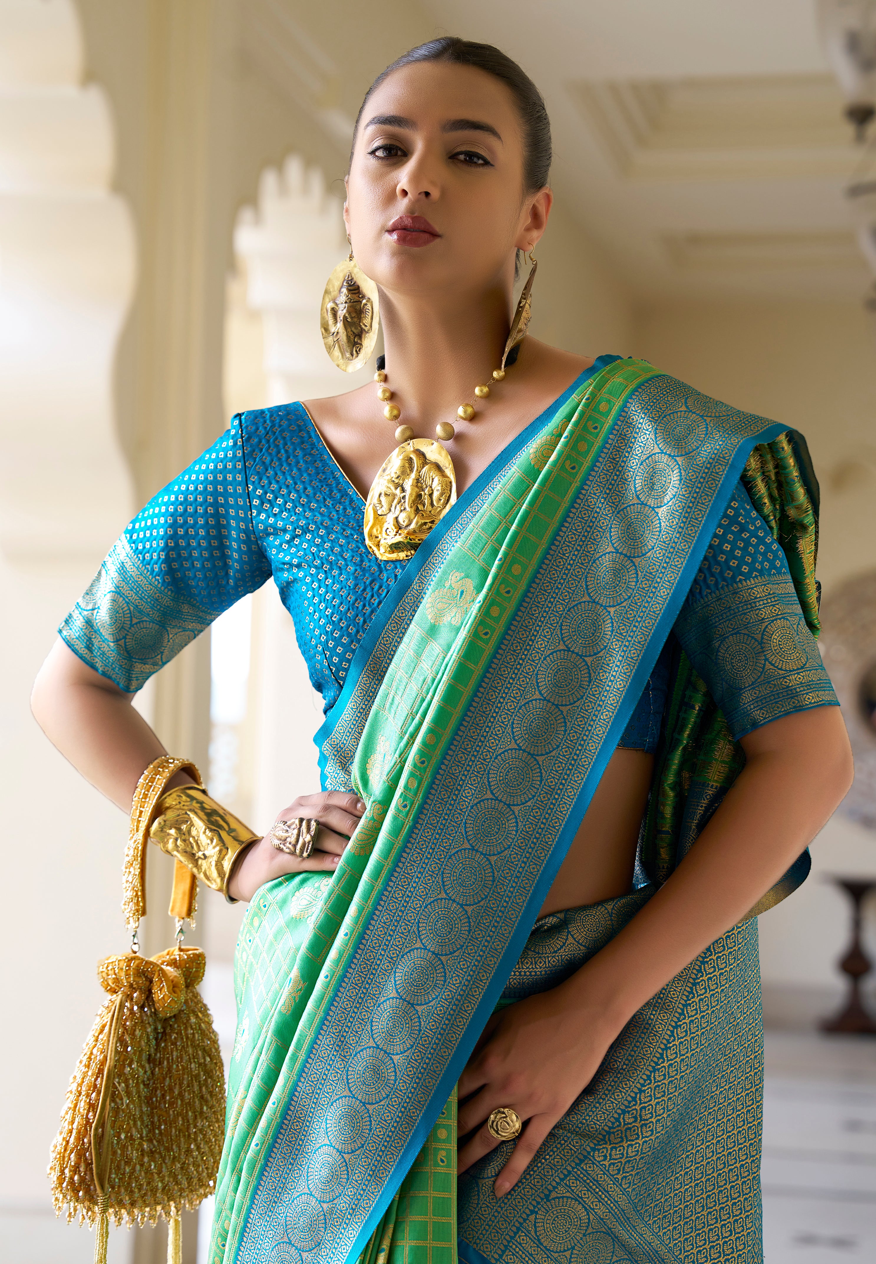 Rama Green Saree With Jacquard Woven Work