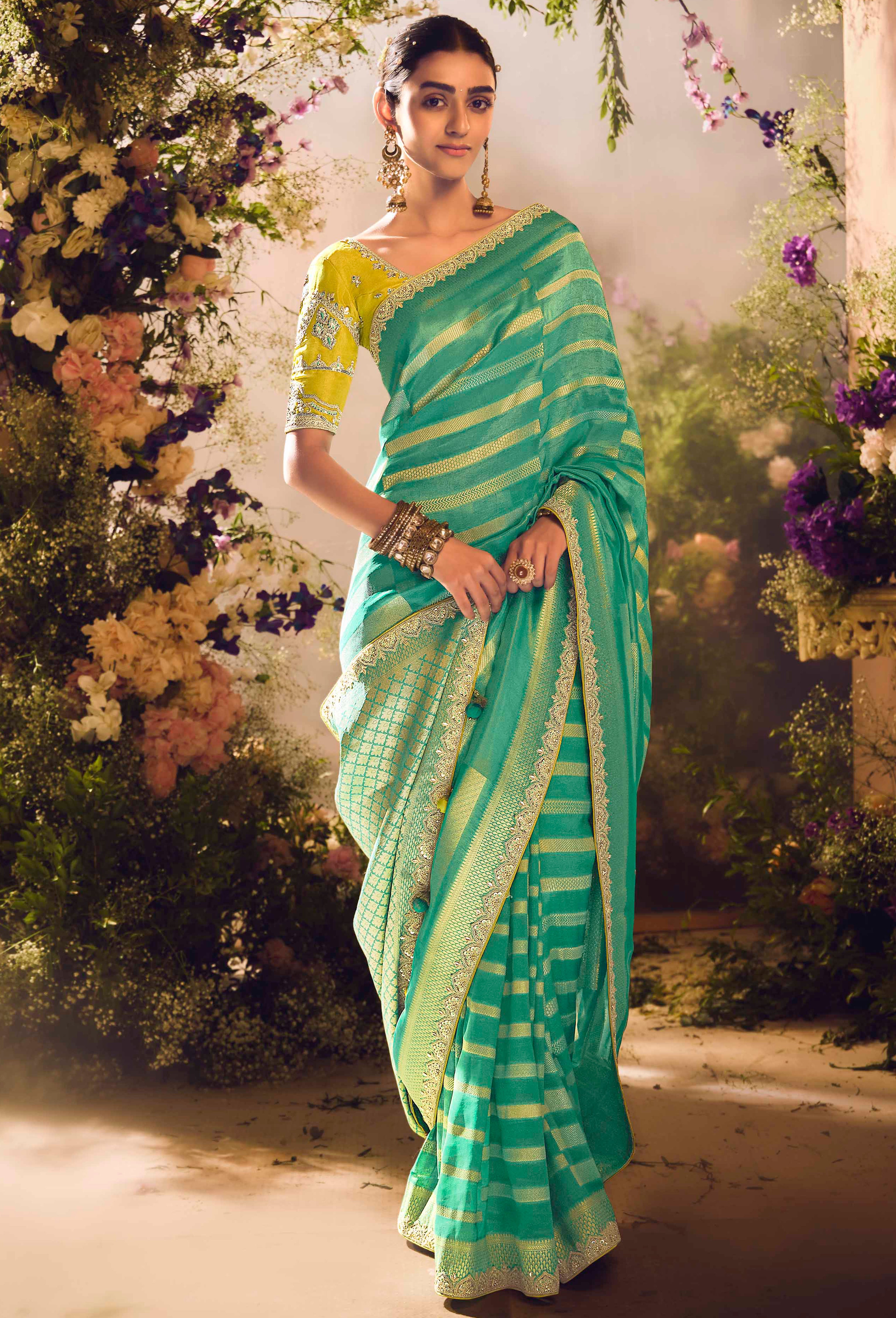 Rama Green Saree With  Jacquard Woven Work with Embroidered Lace Border