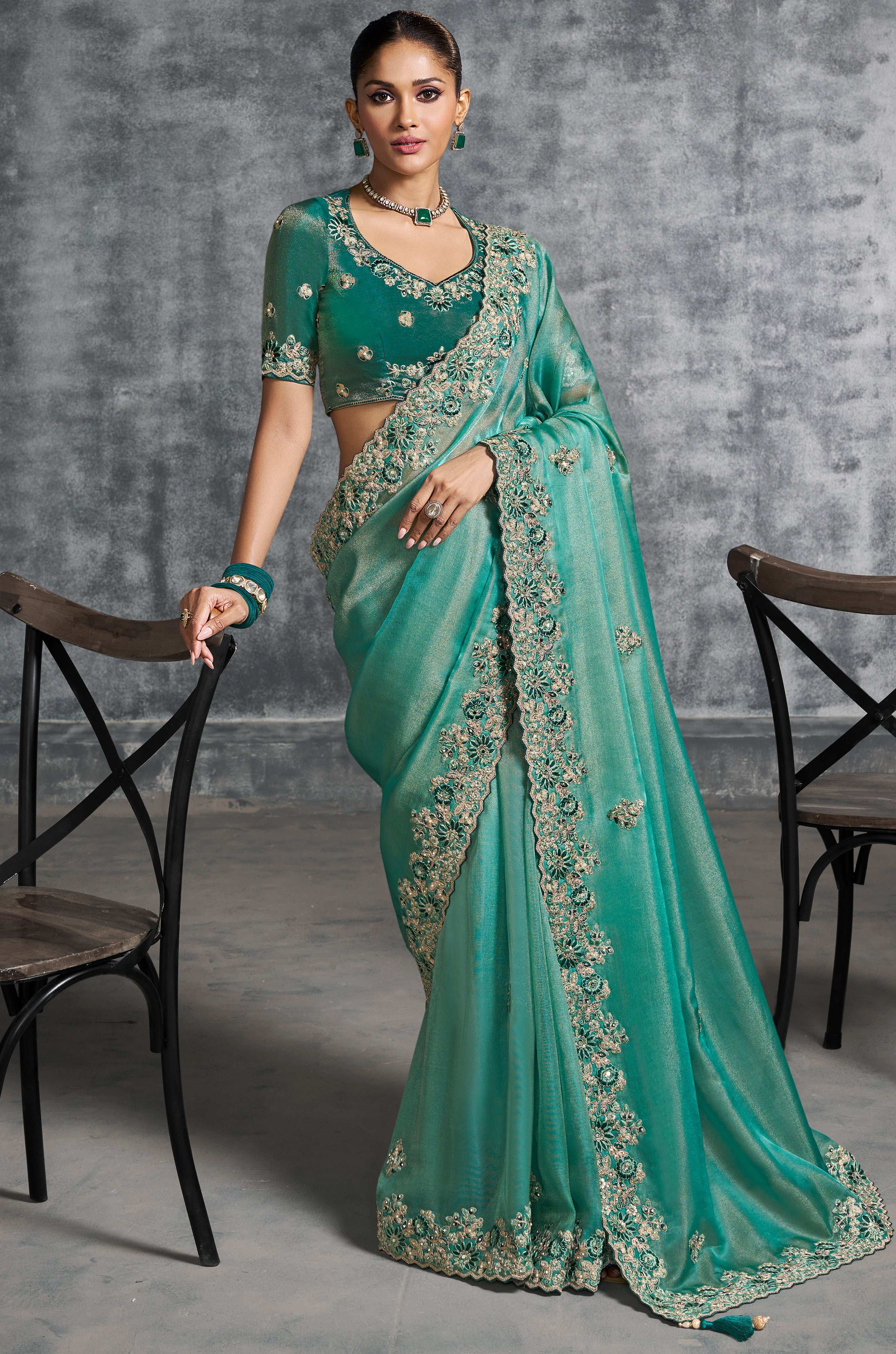 Rama Green Saree With  Thread Embroidery Work ,Hand-Finished Stone & Mirror work With Embroidery Blouse