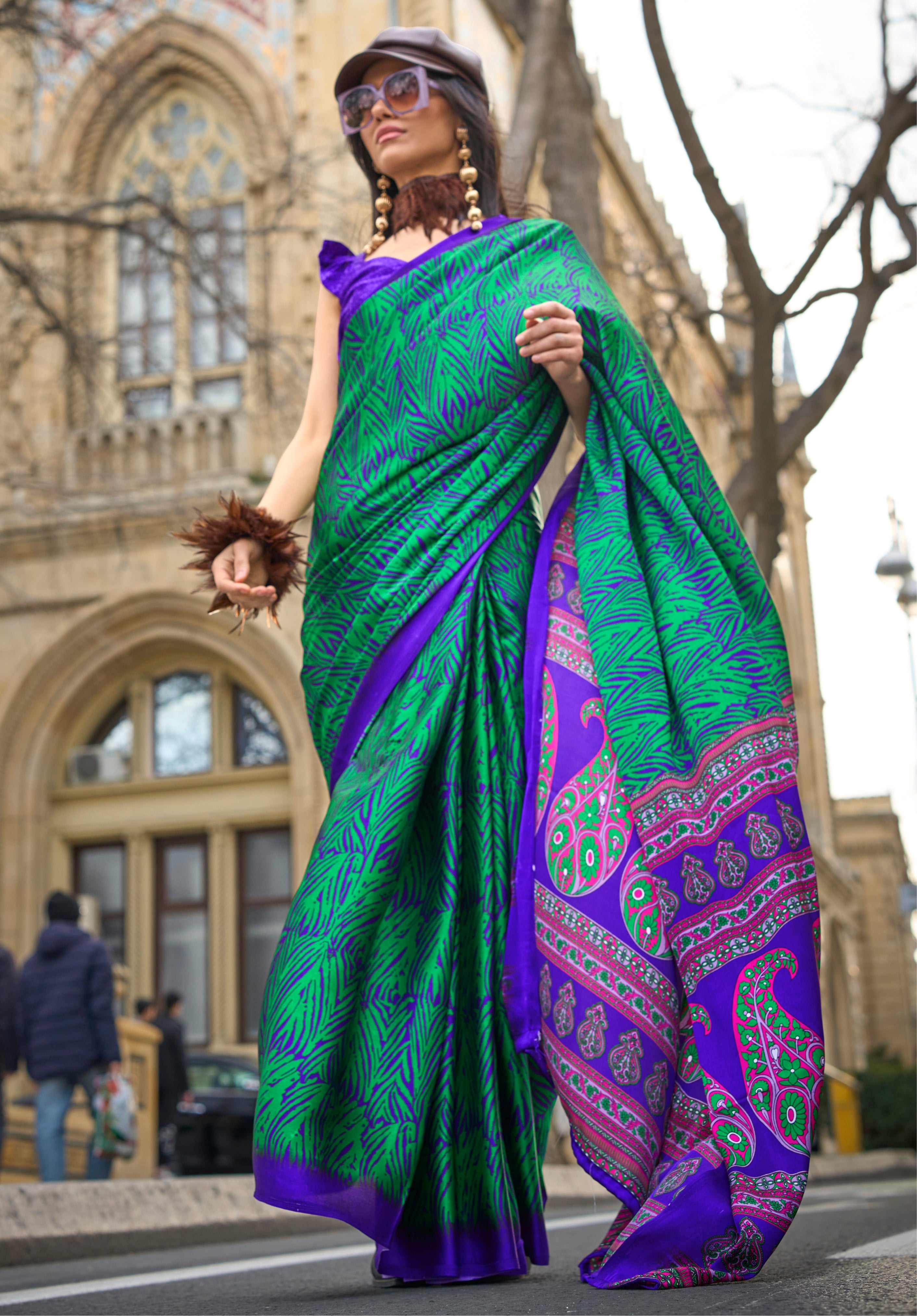 Rama Green Satin Saree With  Digital Print