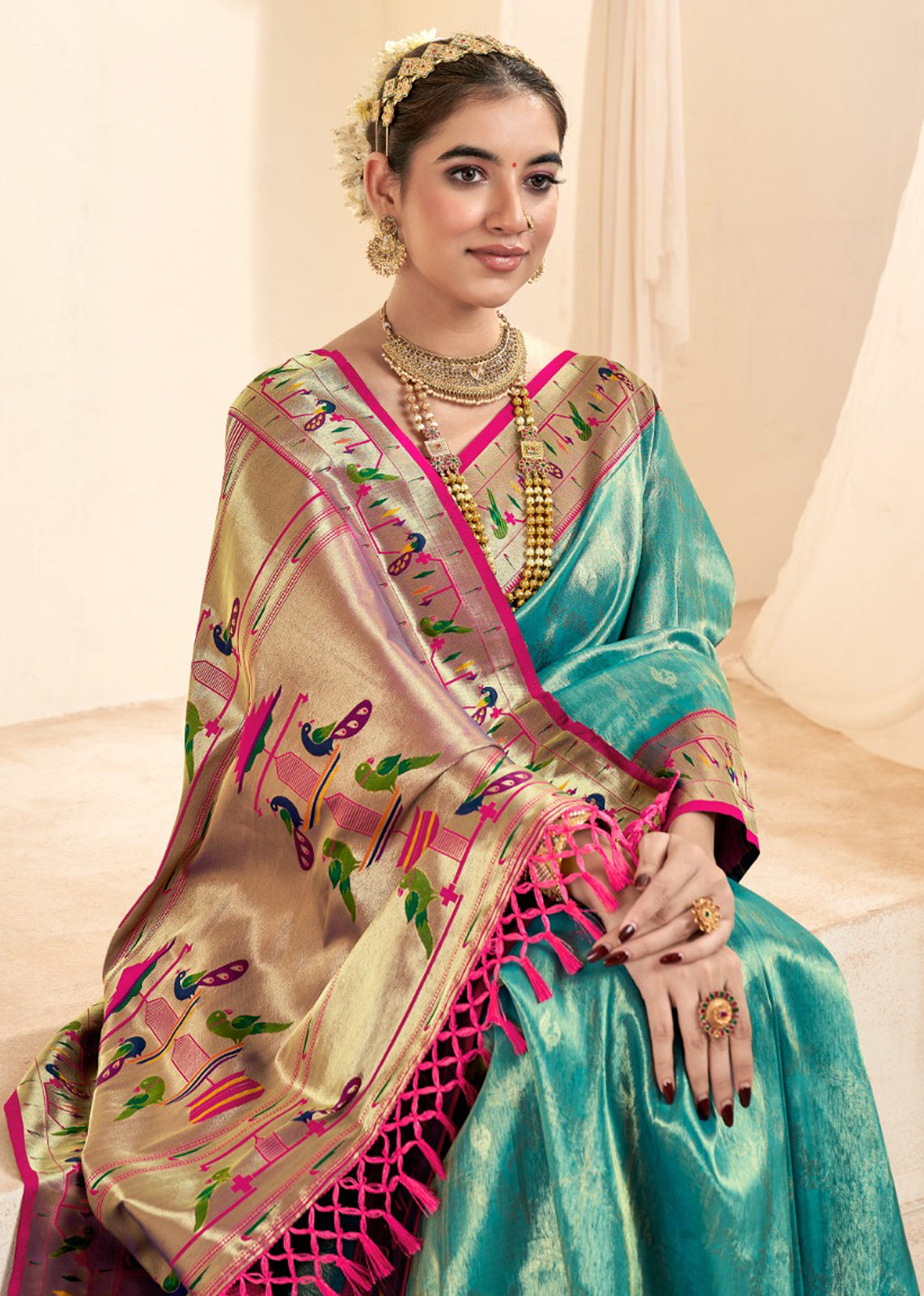 Rama Green Silk Saree With  Jacquard Woven Work