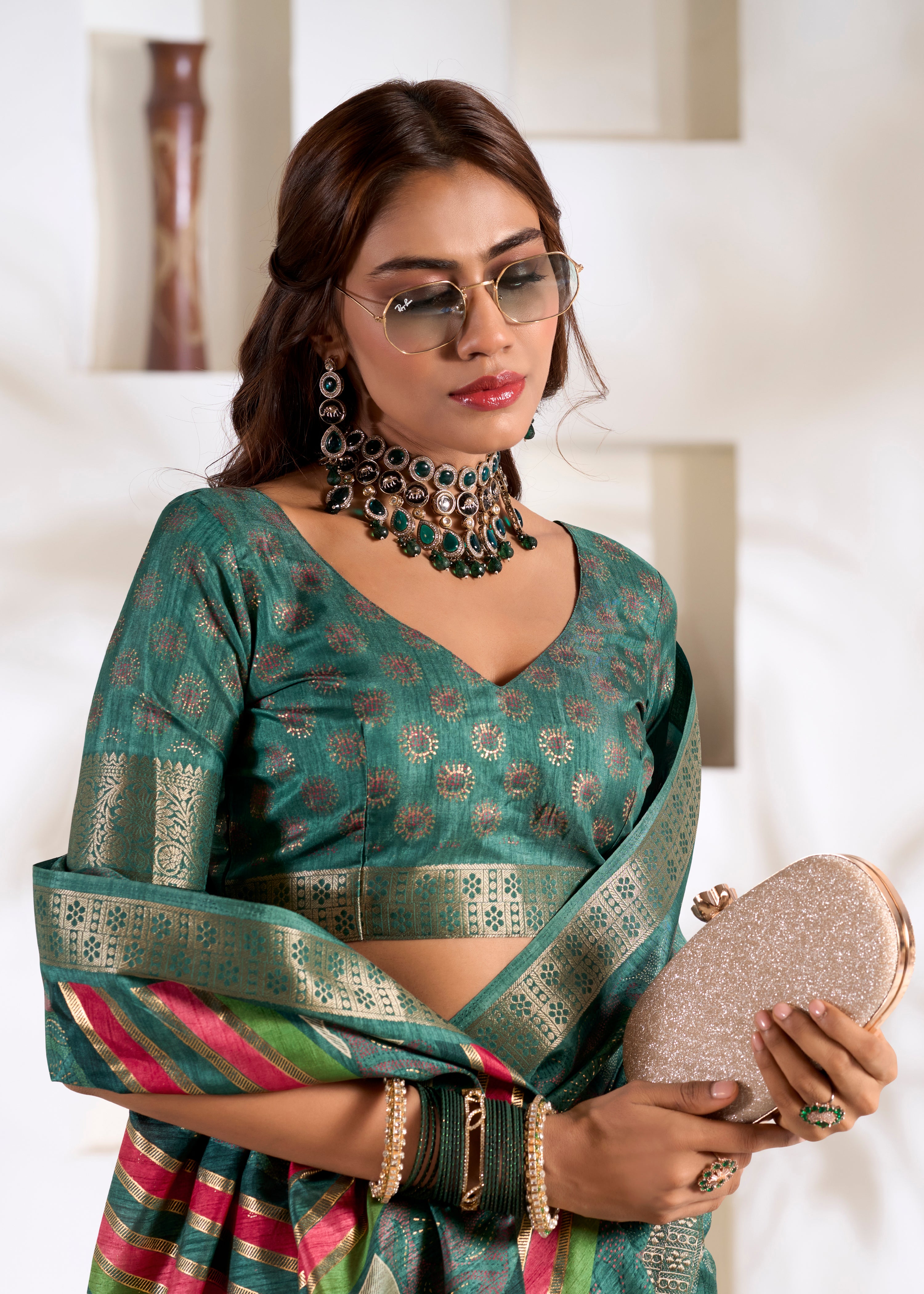 Rama Green Soft Dola Silk Saree With  Foil Print With Jacquard Woven Work