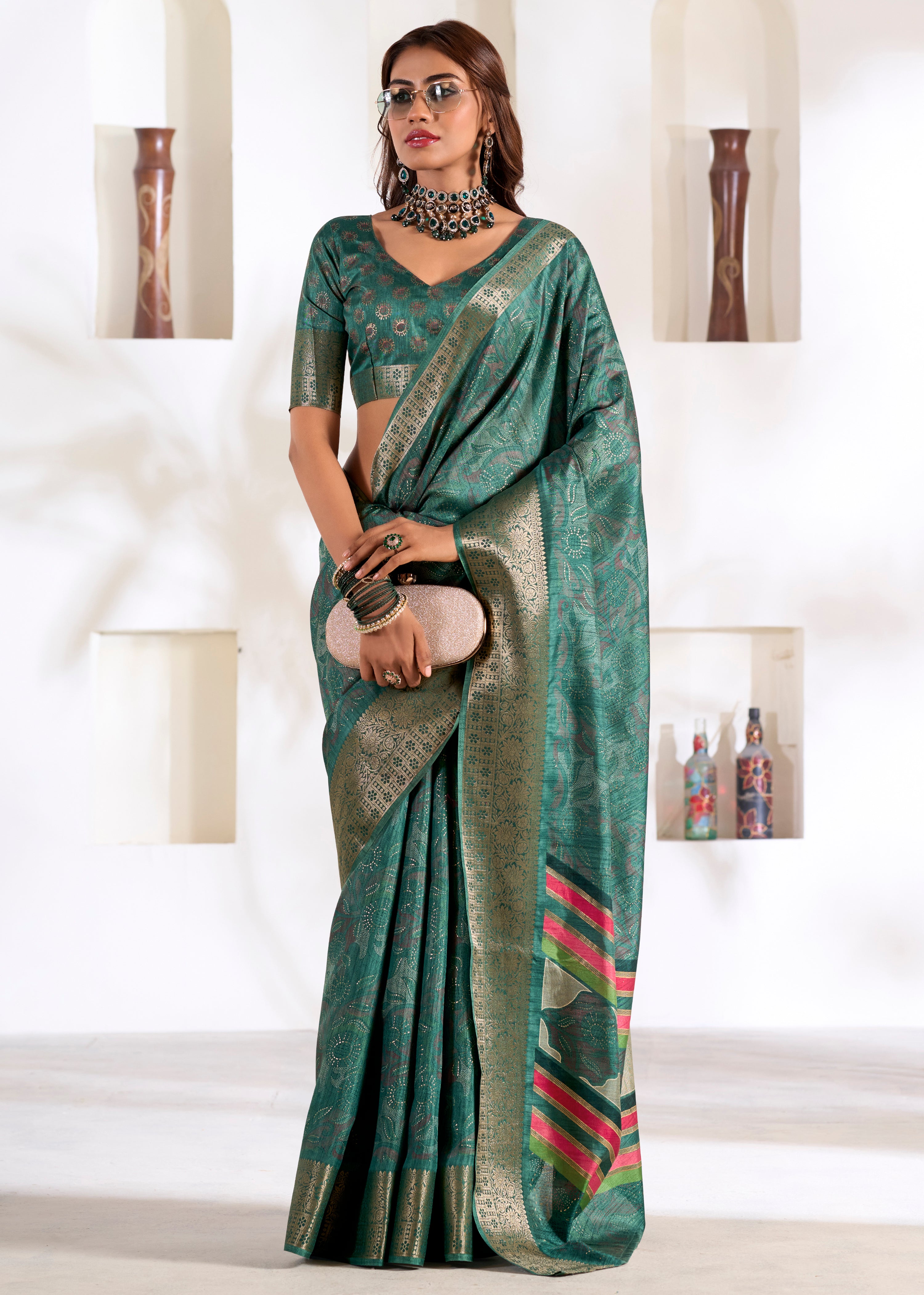 Rama Green Soft Dola Silk Saree With  Foil Print With Jacquard Woven Work