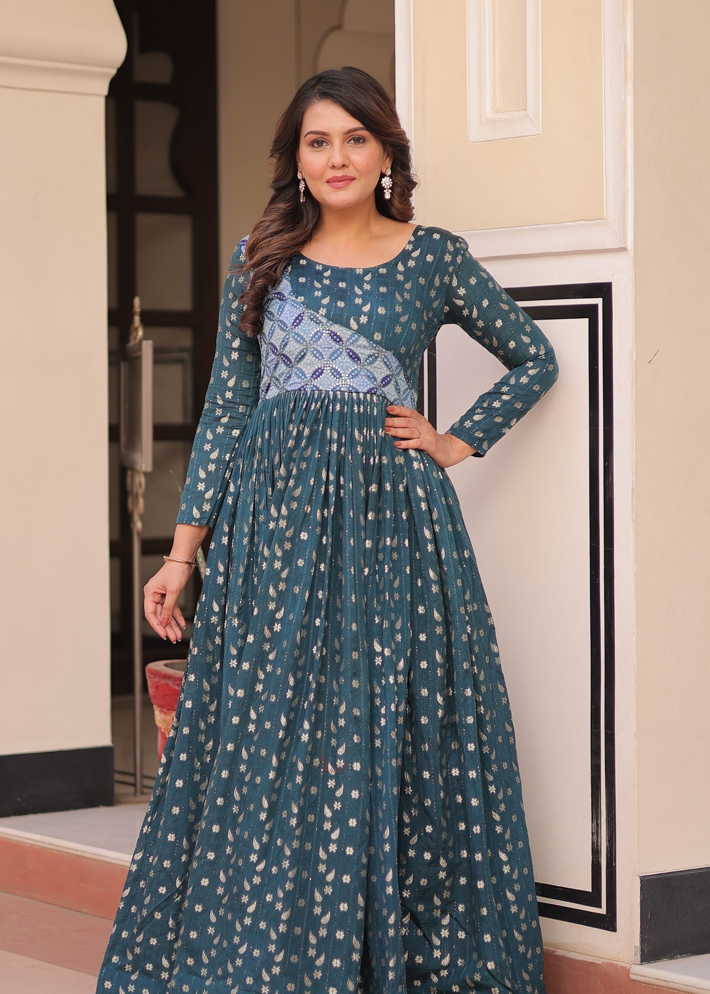 Rama Jacquard Gown With Position Print With Weaving Work