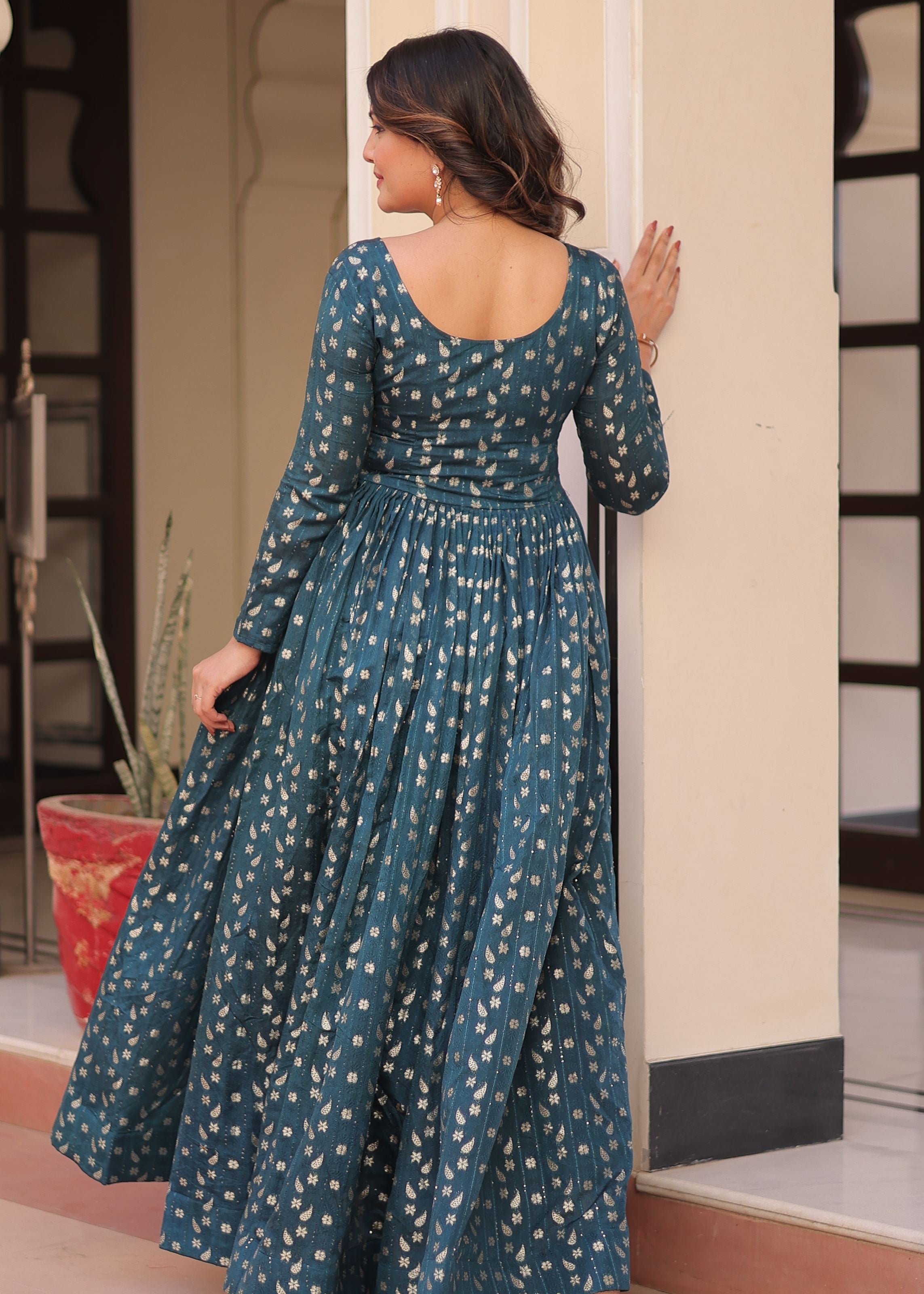 Rama Jacquard Gown With Position Print With Weaving Work